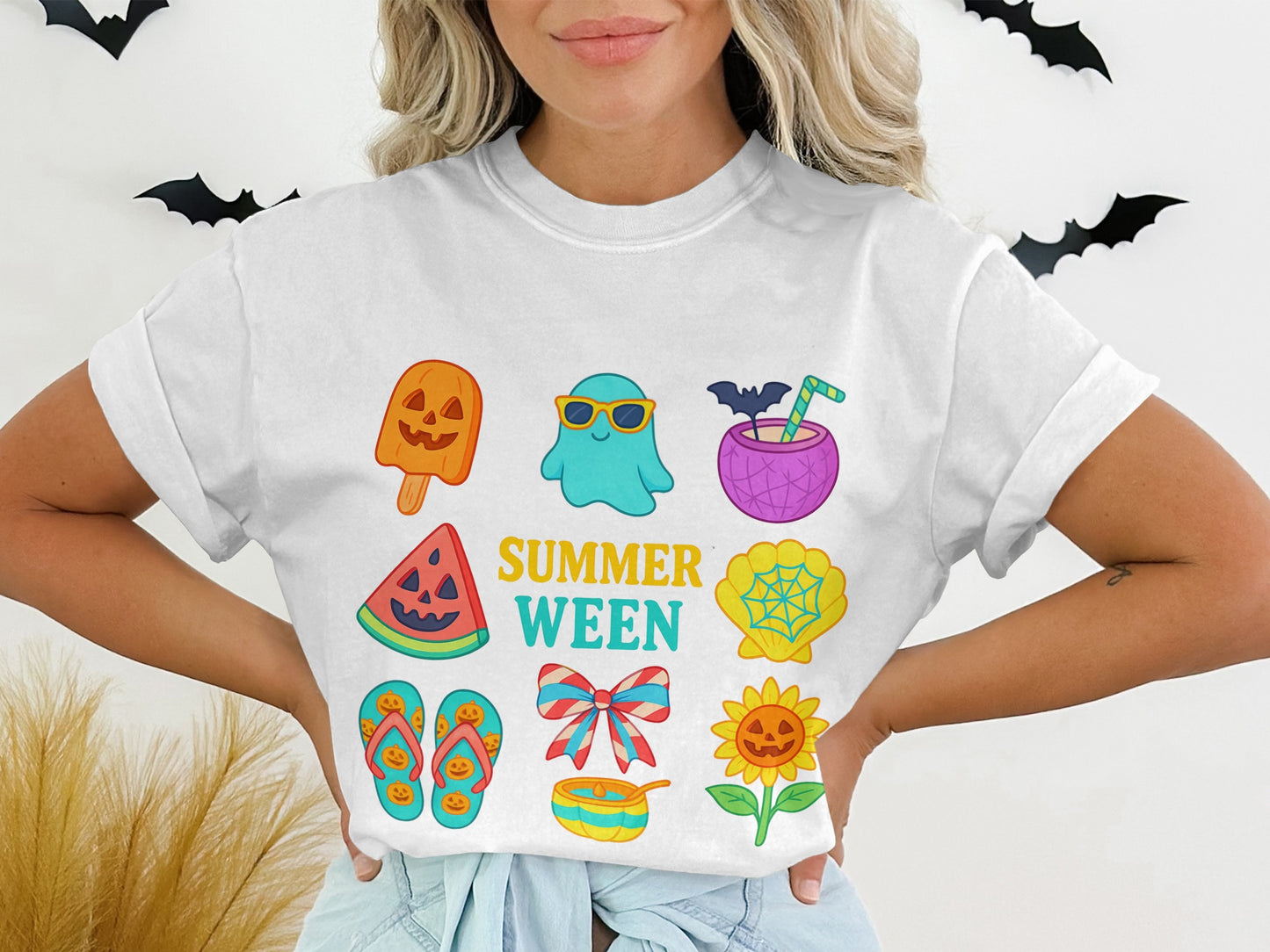 Women's Summerween Graphic T-Shirt, Cute Halloween-Themed Tops, Colorful Casual Tees for Holiday Celebrations and Parties