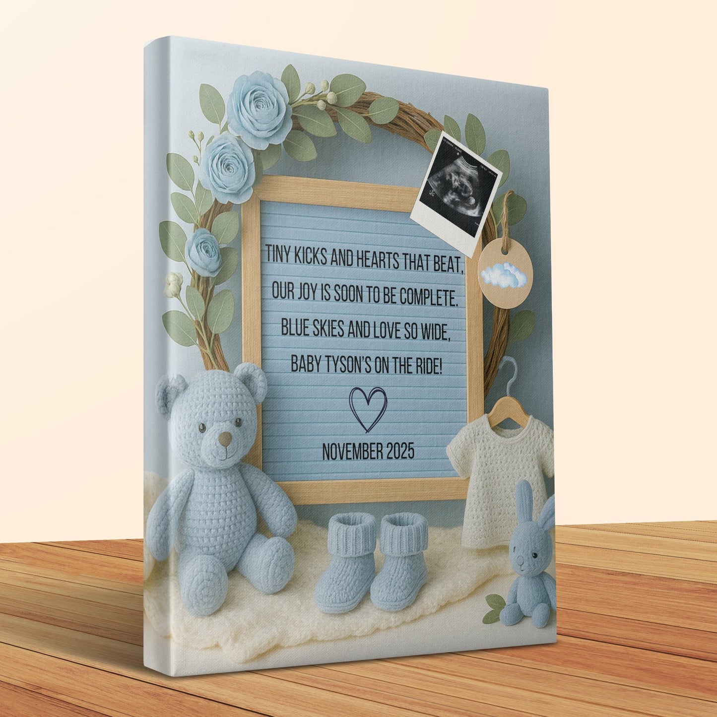 Personalized Baby Shower Gift Nursery Decor Canvas Print with Teddy Bear and Clothes Design