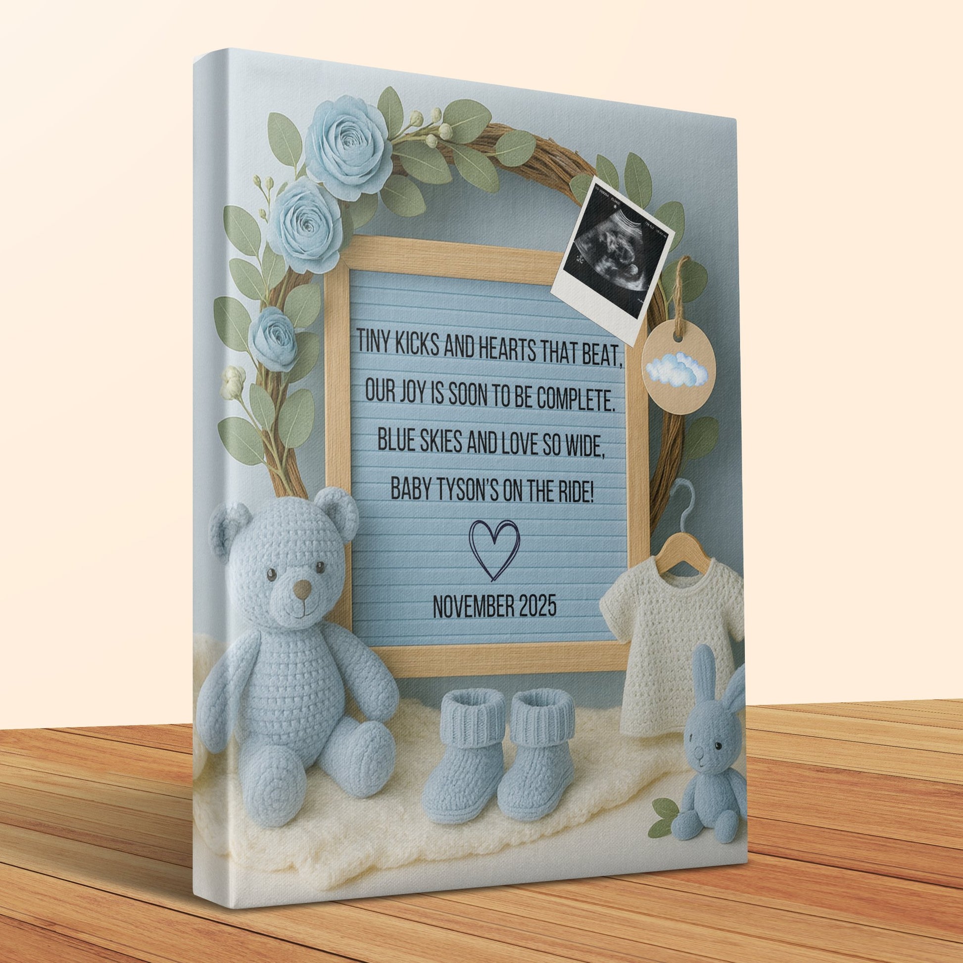Personalized Baby Shower Gift Nursery Decor Canvas Print with Teddy Bear and Clothes Design