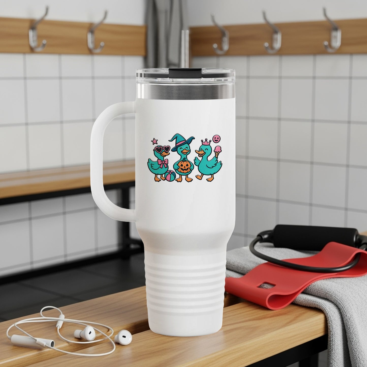 Cute Cat Music Band Travel Mug, Insulated Coffee Tumbler, White Stainless Steel Cup, Gift for Music Lovers and Cat Enthusiasts