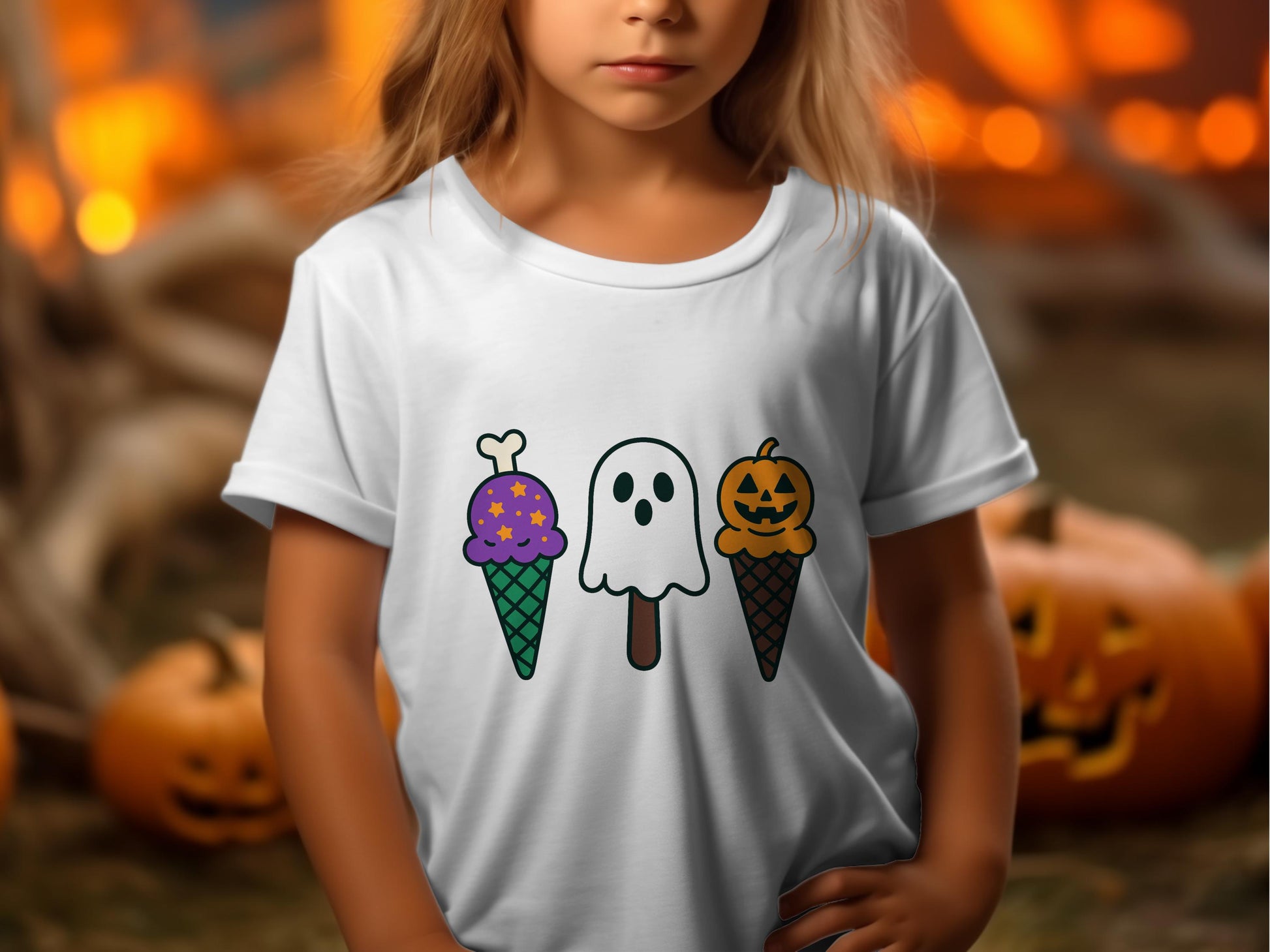 Kids Halloween T-Shirt, Cute Ghost and Pumpkin Ice Cream Cone Graphic Tee, Autumn Festive Apparel for Children, Unique Holiday Clothing