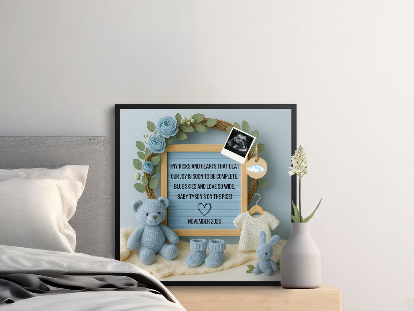 Blue Nursery Frame Decor, Teddy Bear and Flowers, Baby Boy Wall Art, Personalized Baby Shower Gift