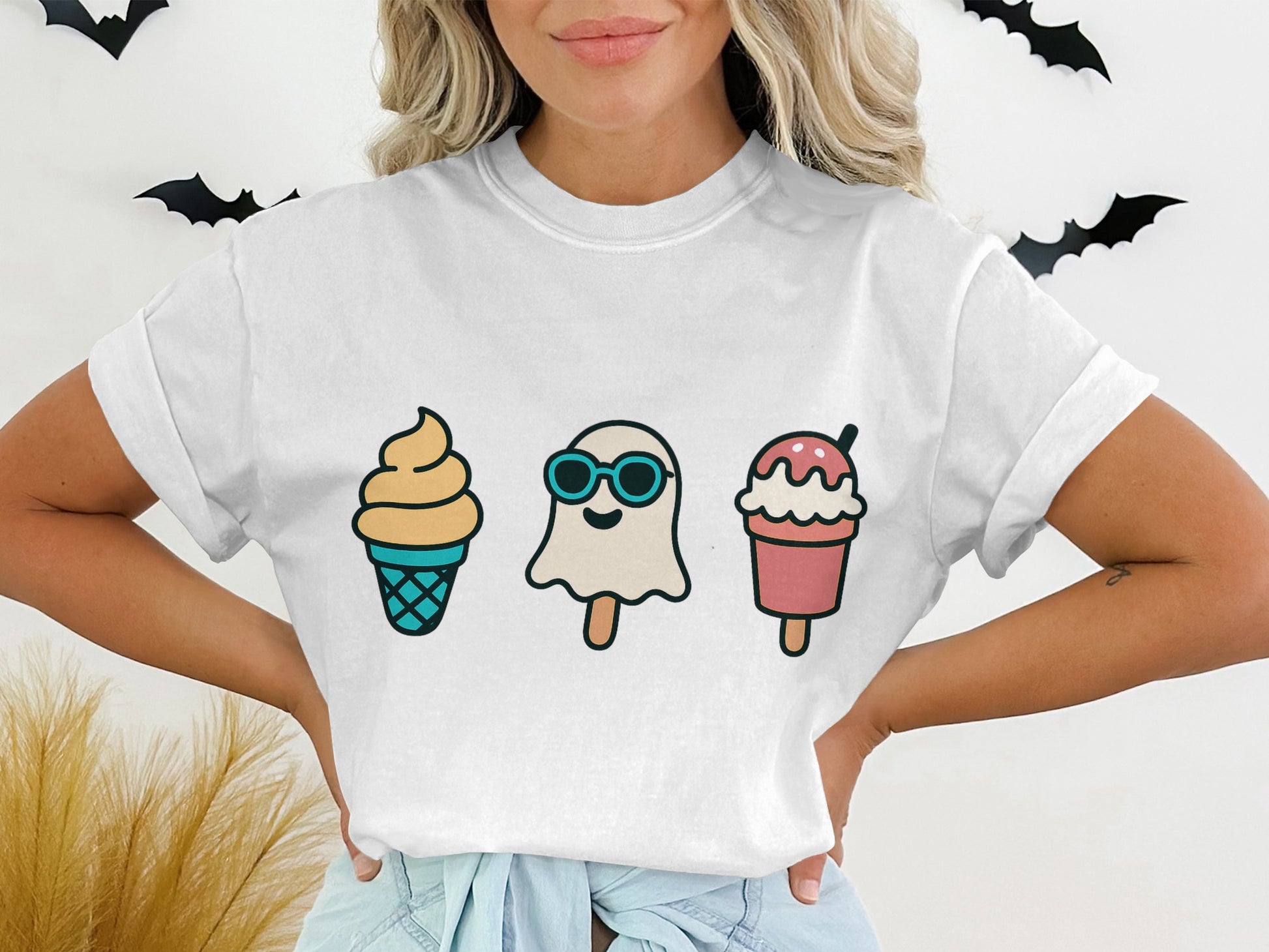 Women's Cute Ice Cream and Ghost Graphic T-Shirt, Summer Casual Tee, Fun Cartoon Design Tops