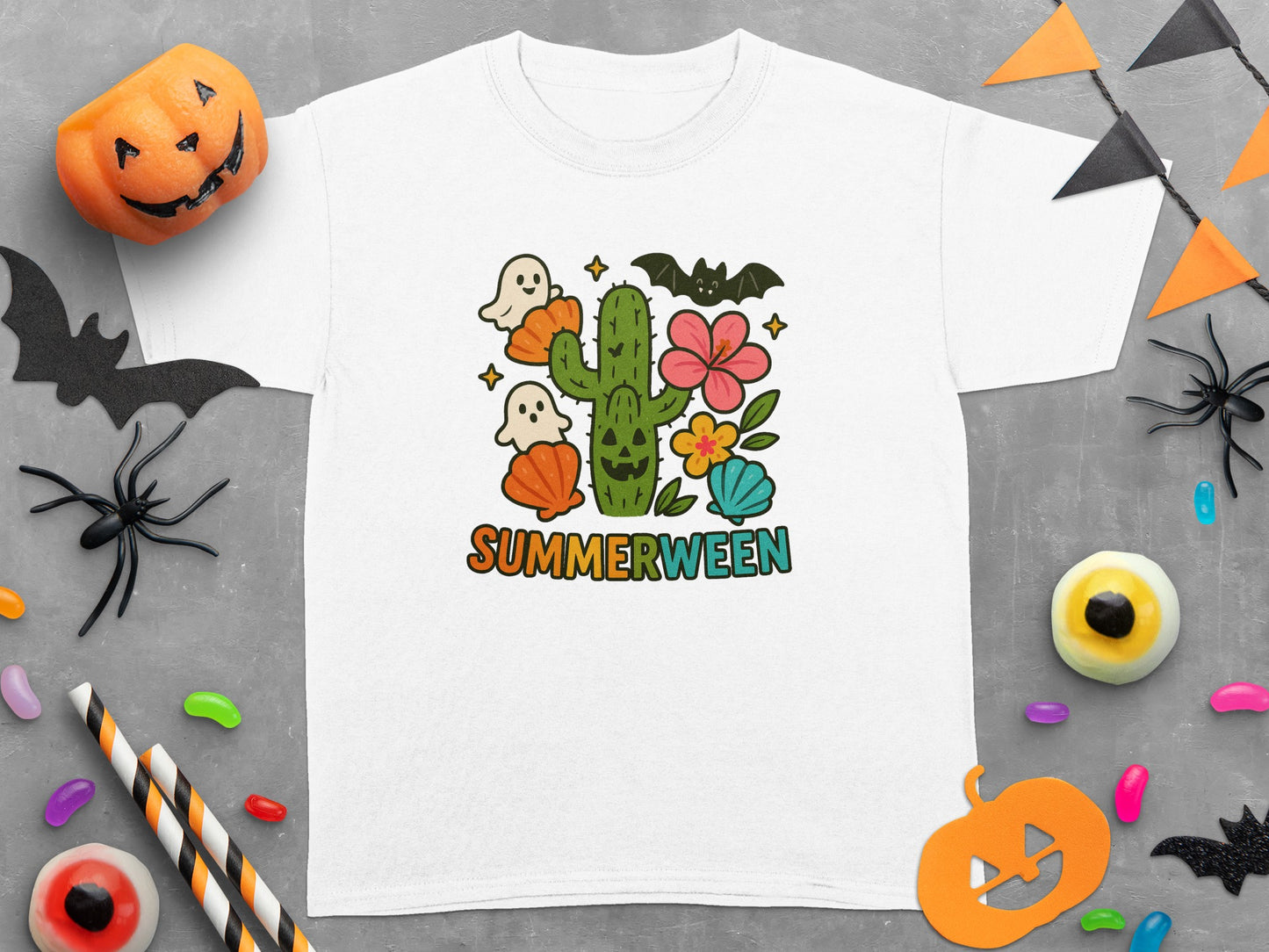 Summerween Themed T-Shirt with Cute Ghosts, Cactus, and Flowers, Halloween Casual Wear for All Ages