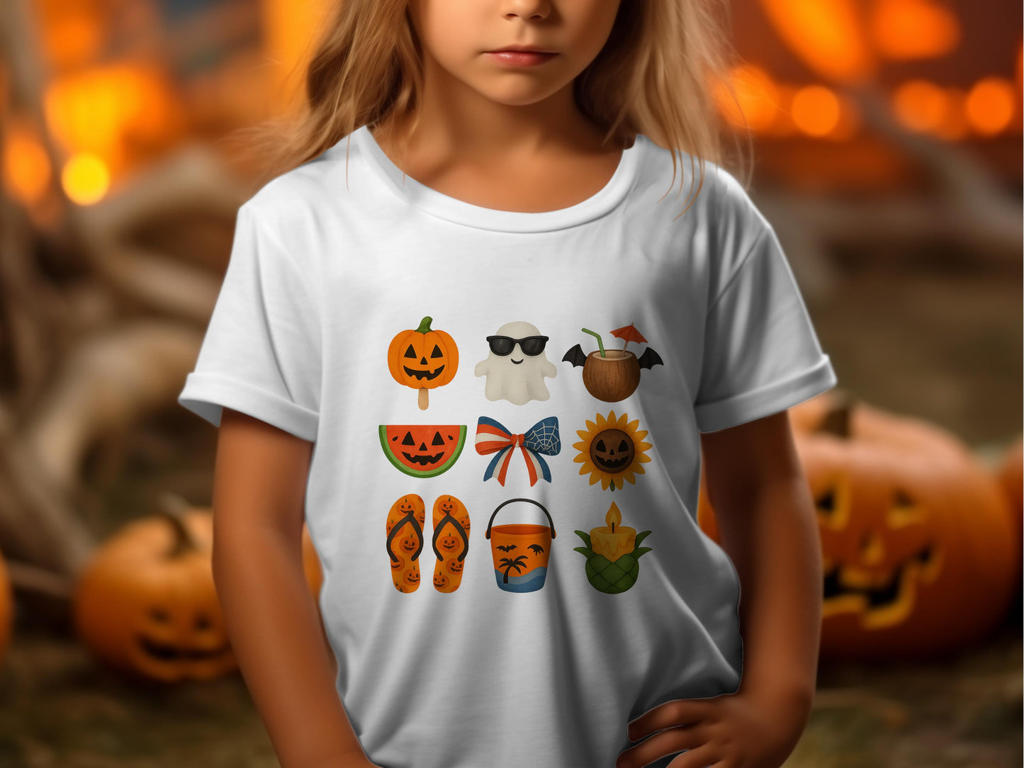 Halloween Themed Kids T-Shirt with Cute Pumpkins and Ghosts, Autumn Seasonal Apparel for Children, Festive Fall Clothing