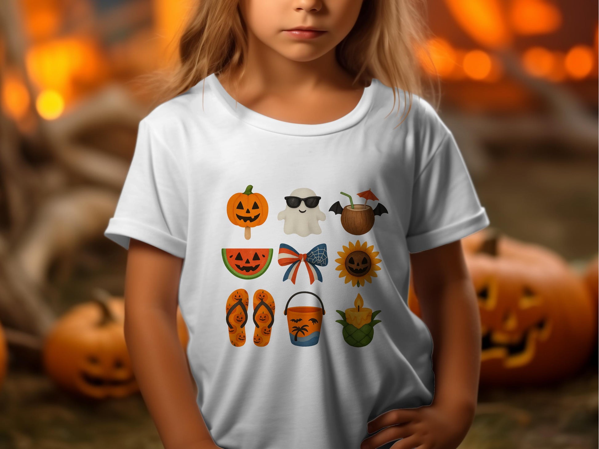 Halloween Themed Kids T-Shirt with Cute Pumpkins and Ghosts, Autumn Seasonal Apparel for Children, Festive Fall Clothing