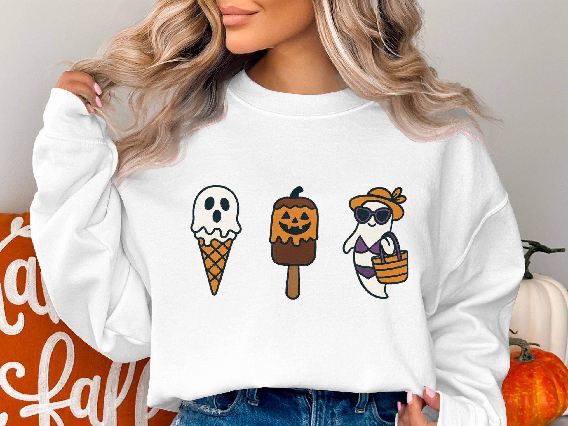 Halloween Sweatshirt Women's Cute Ghost Ice Cream Pumpkin Graphic Autumn Pullover