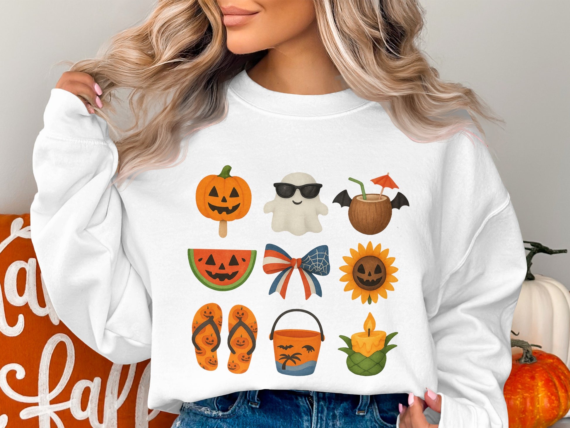 Halloween Graphic Sweatshirt, Cute Pumpkin and Ghost Designs, Fall Autumn Apparel for Women