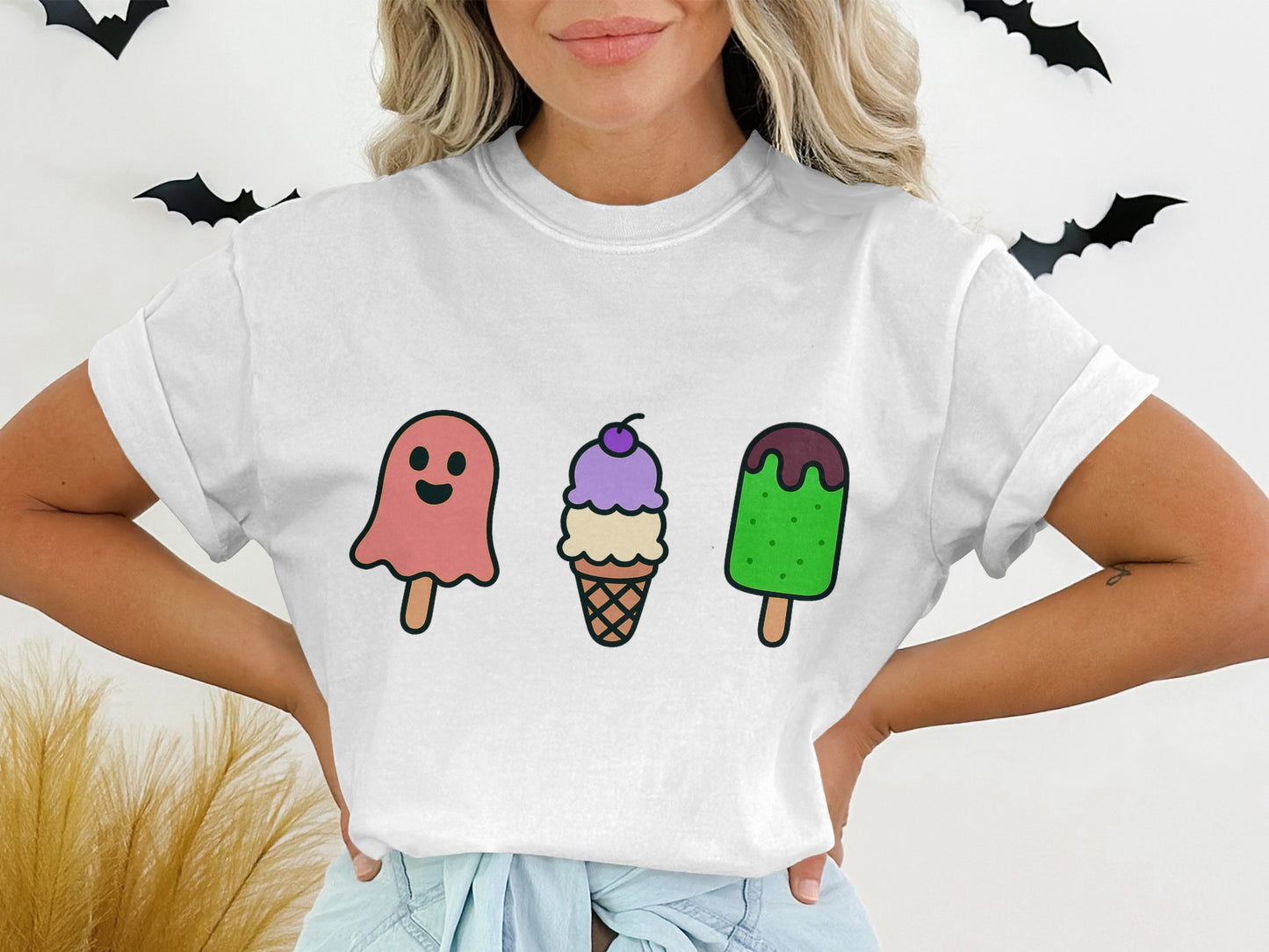 Cute Ghost and Ice Cream T-Shirt, Halloween Themed Tee, Fun Summer Dessert Design, Unisex Cotton Shirt