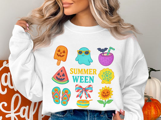 Halloween Themed Sweatshirt with Cute Ghosts, Pumpkins, Watermelon Design, Unisex Fall Apparel