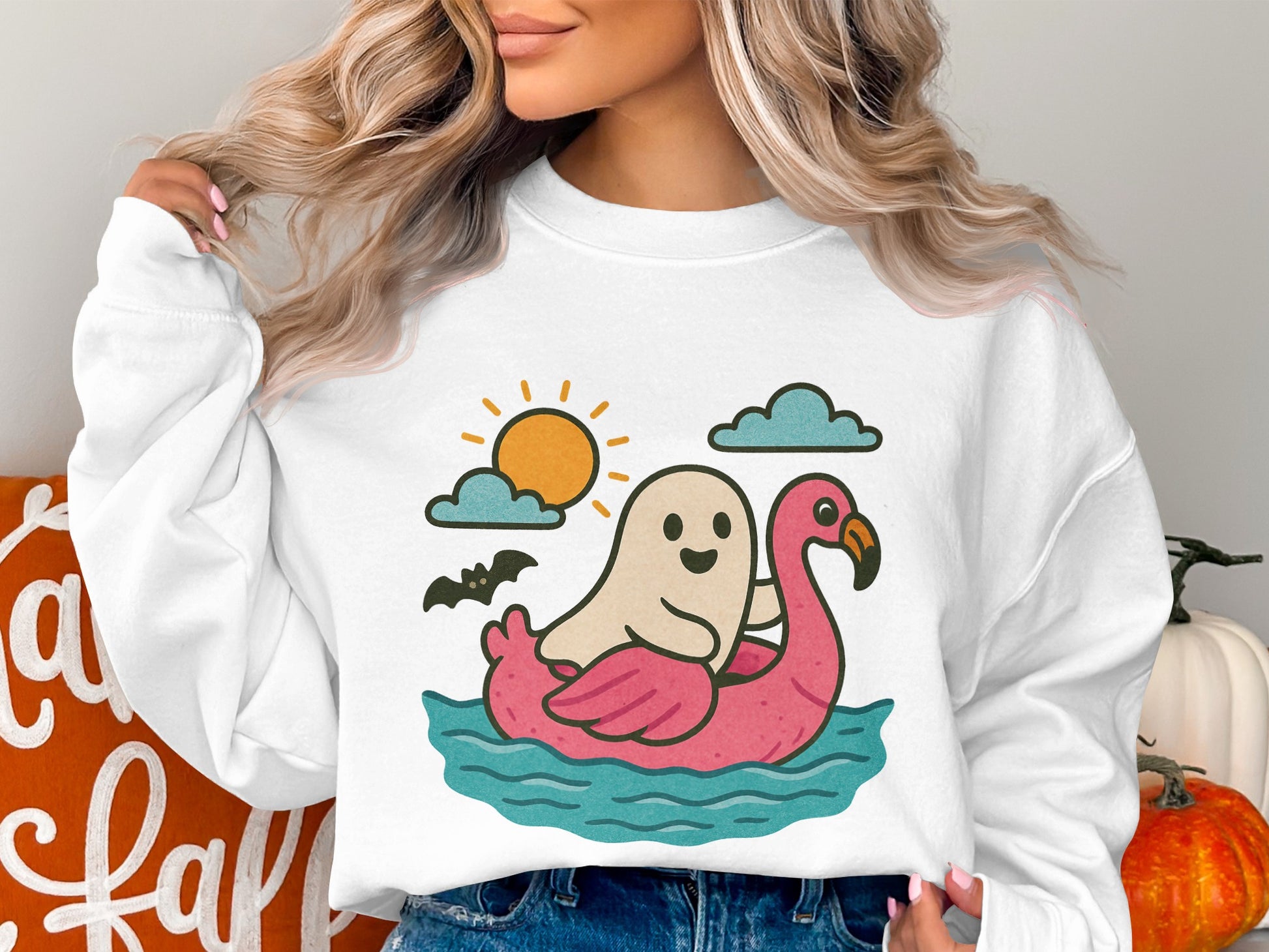 Cute Ghost and Flamingo Boat Graphic Sweatshirt, Unisex White Casual Pullover, Autumn Apparel