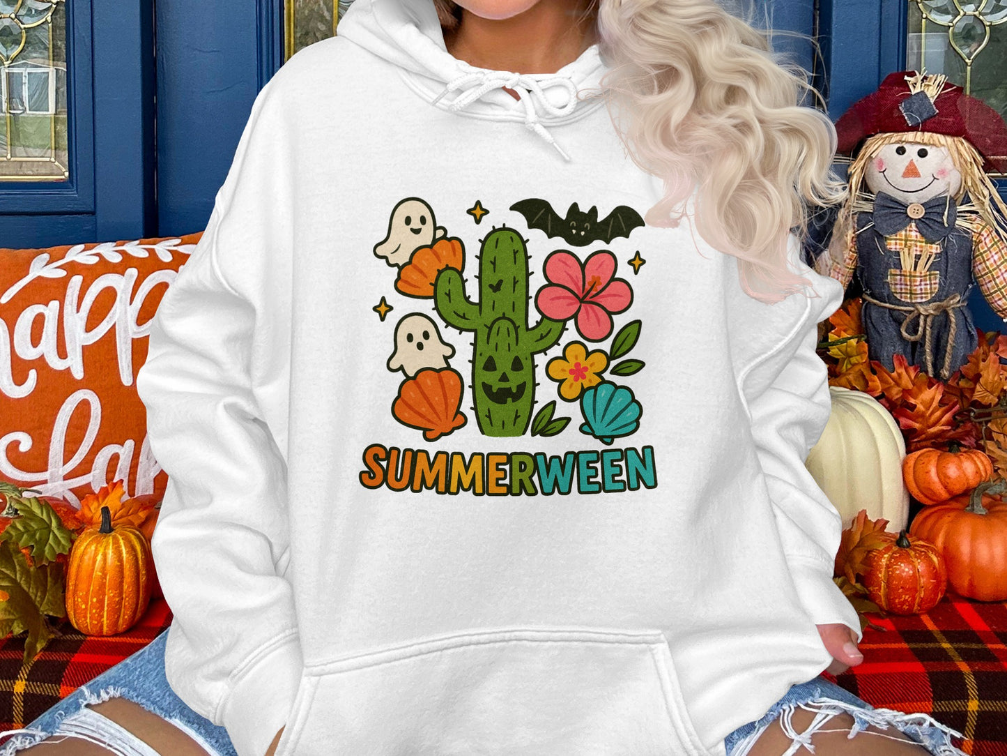 Summerween Hoodie, Cute Ghosts and Cactus, Fall Women's Sweatshirt, Halloween Autumn Apparel