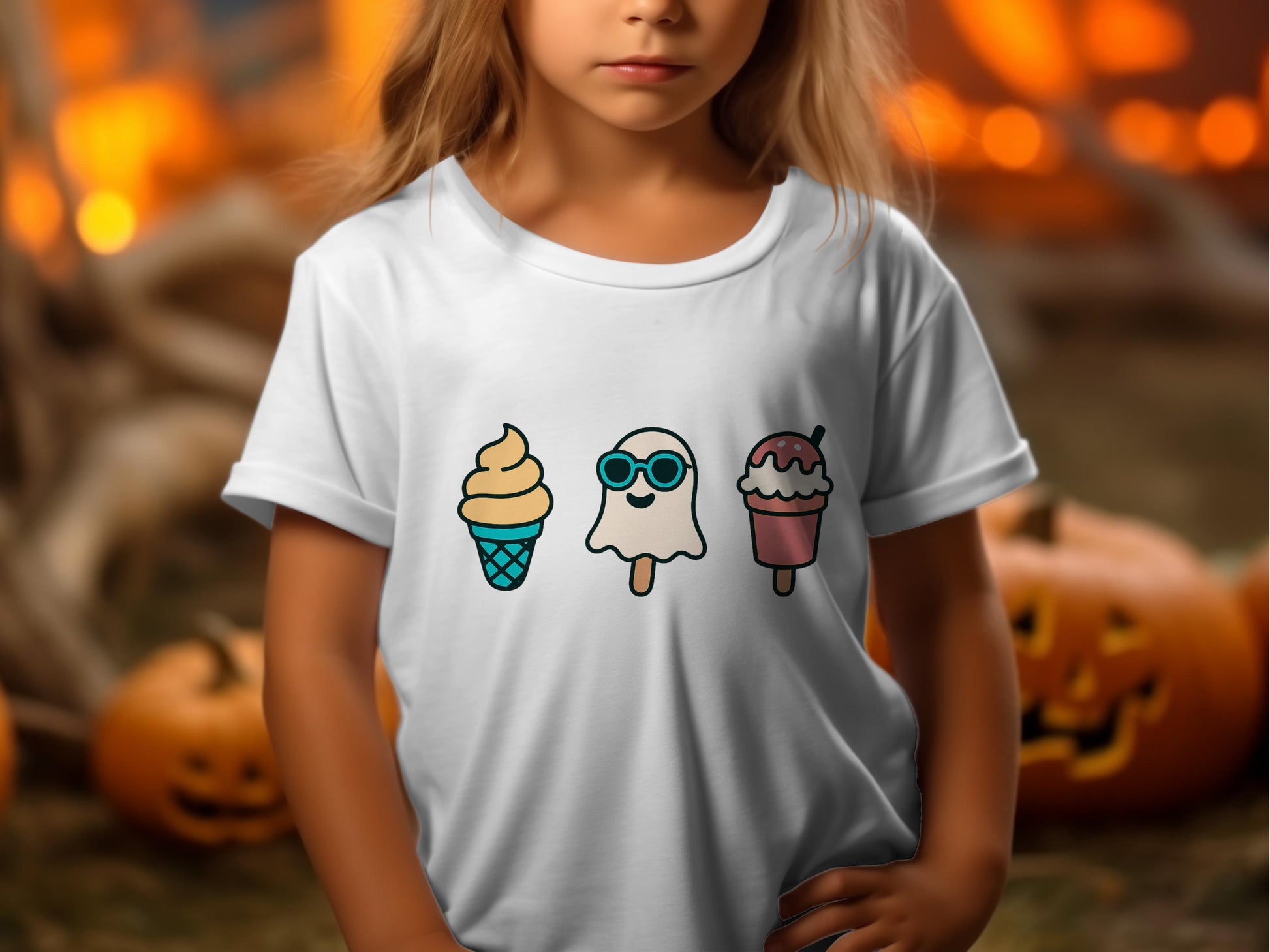 Cute Ghost Ice Cream T-Shirt, Halloween Kids Tee, Funny Autumn Holiday Apparel, Pumpkin Background