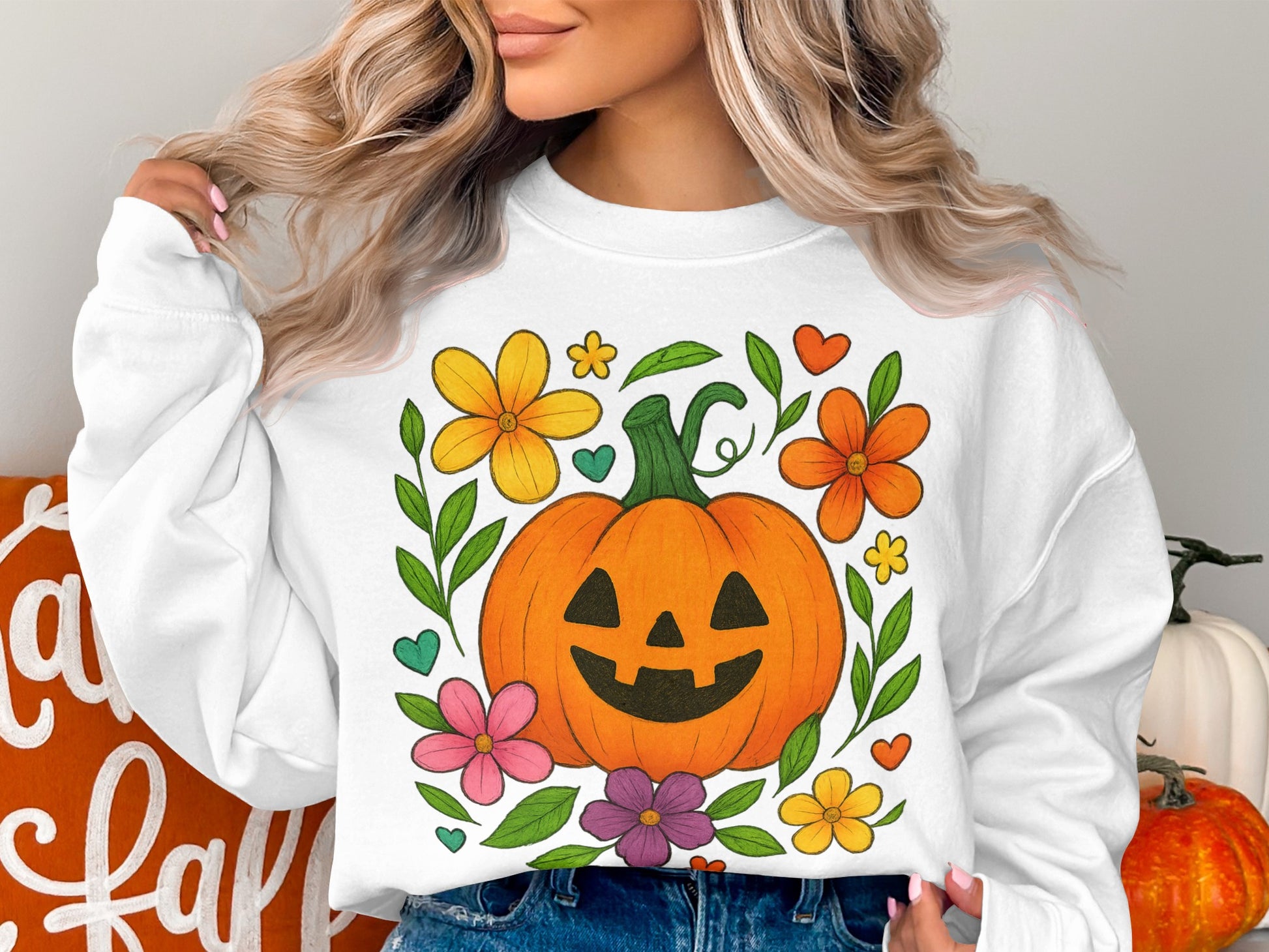 Colorful Autumn Pumpkin and Flowers Sweatshirt, Fall Inspired Casual Apparel, Cozy Women's Fashion Pullover