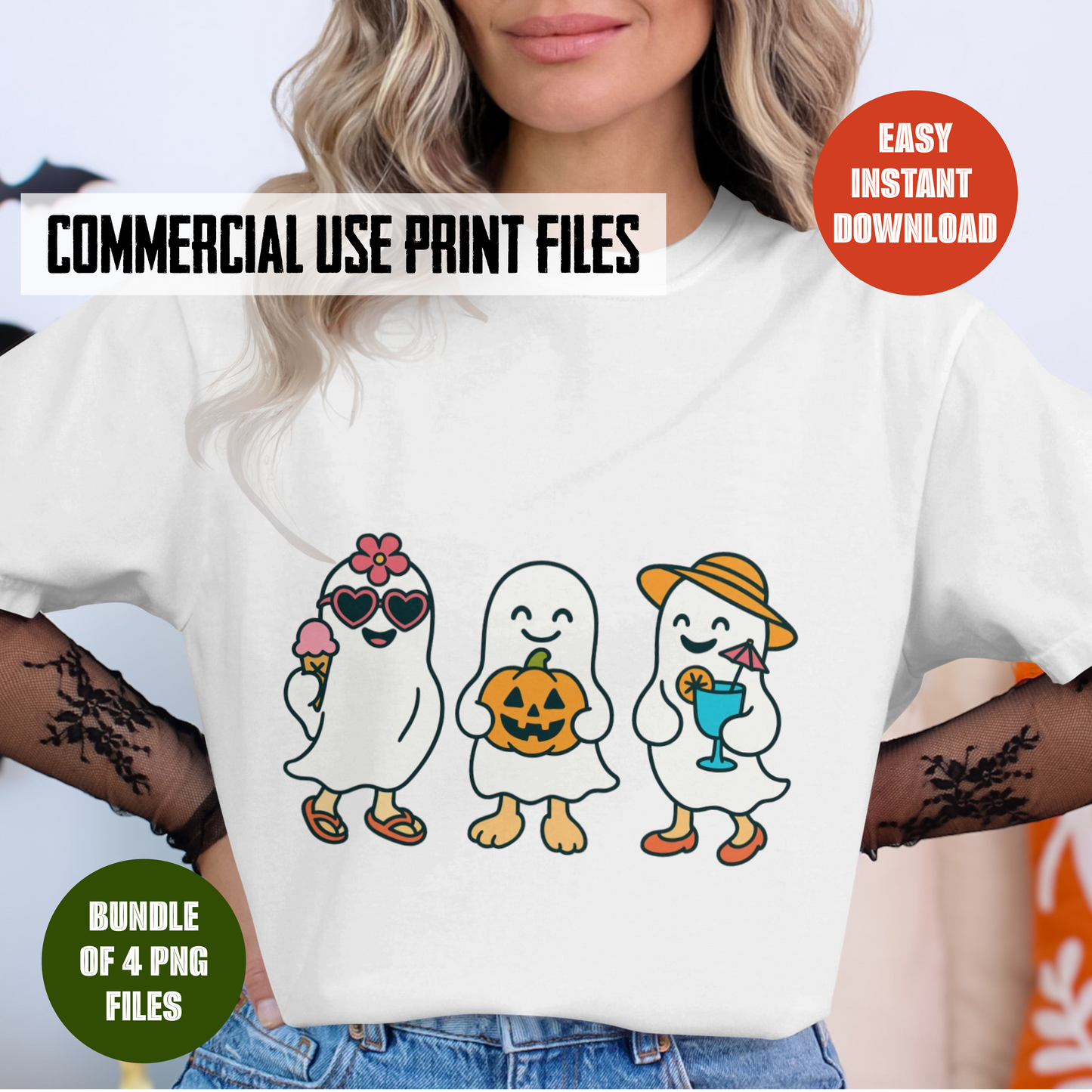 Cute Cartoon Ghosts T-Shirt Design, Halloween Digital Download, Commercial Use, Instant PNG Files Bundle
