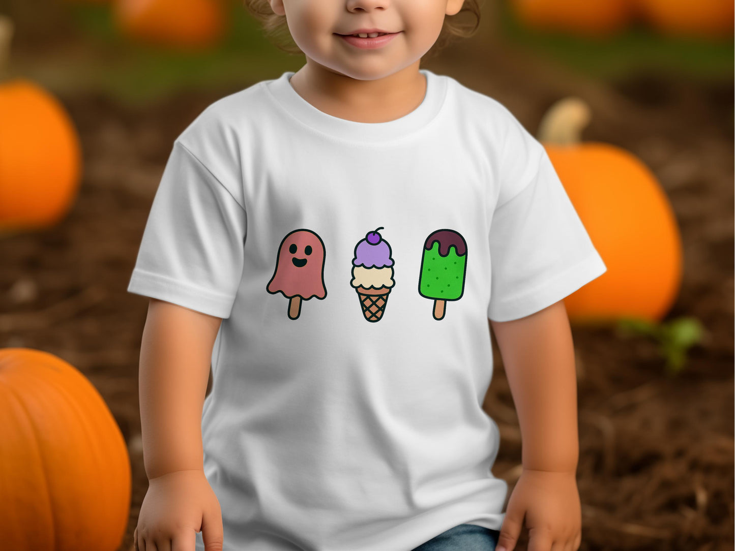 Cute Ice Cream and Ghost Print Kids T-Shirt, Fun Halloween Graphic Tee, Toddler Pumpkin Patch Outfit