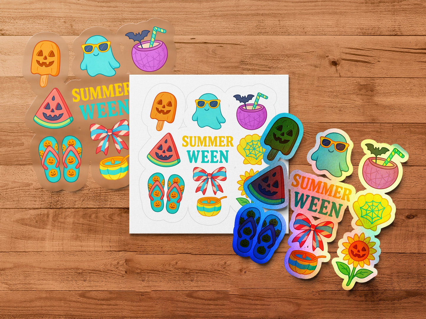 Colorful Summer Halloween Themed Stickers, Cute Ghosts, Tropical Skulls, Beach Party Decorations, Waterproof Vinyl Stickers