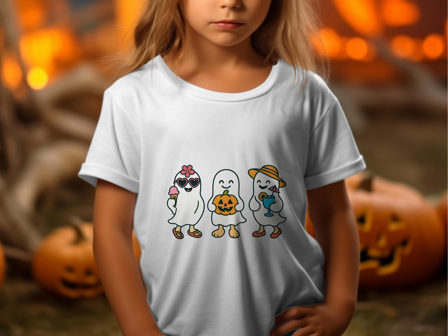Kids Halloween T-Shirt Cute Ghosts Pumpkins Autumn Scene Toddler Graphic Tee