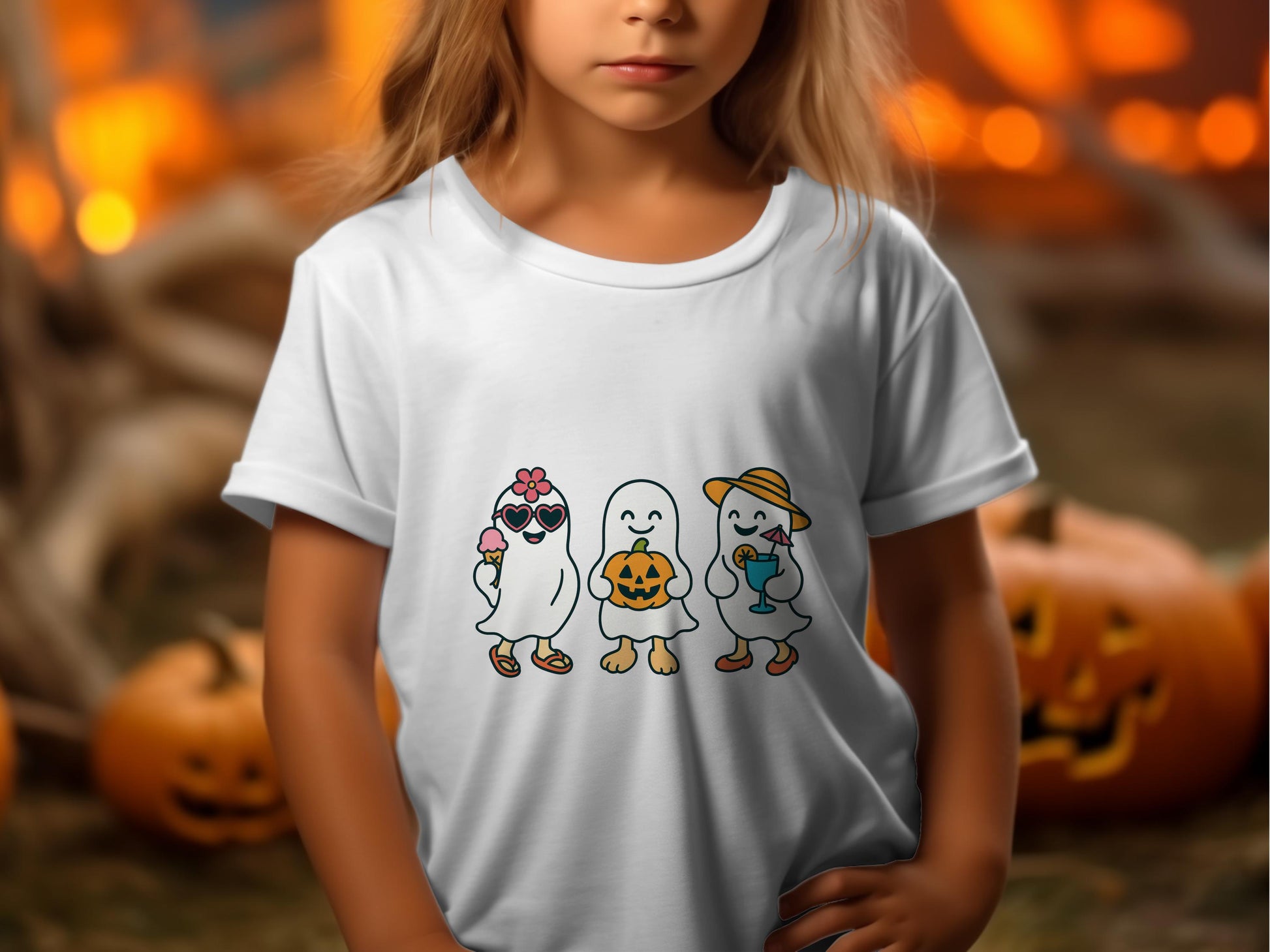 Kids Halloween T-Shirt Cute Ghosts Pumpkins Autumn Scene Toddler Graphic Tee