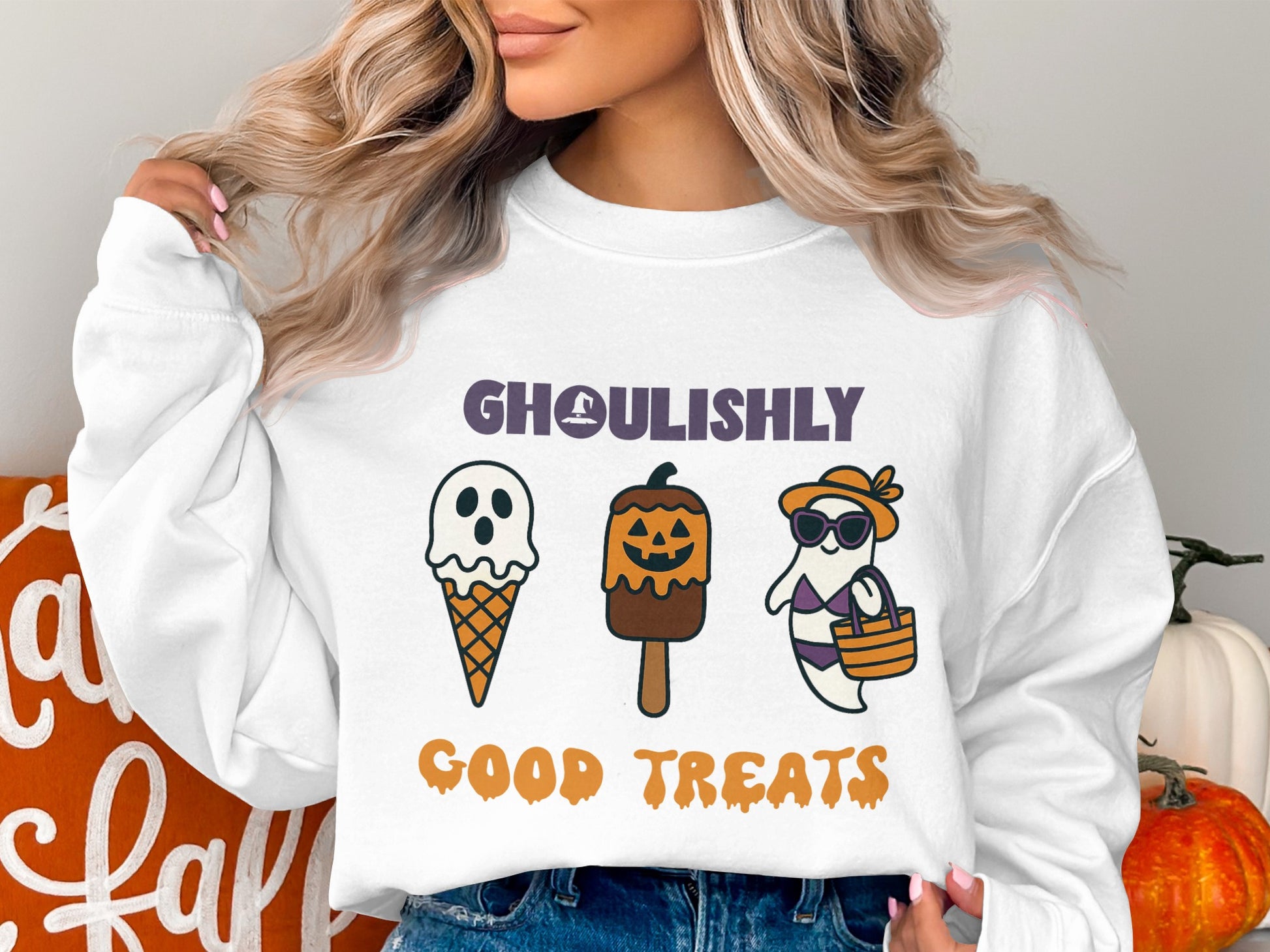 Halloween Sweatshirt, Ghost Ice Cream, Pumpkin Spice, Cute Fall Fashion, Cozy Autumn Apparel, Women's Clothing