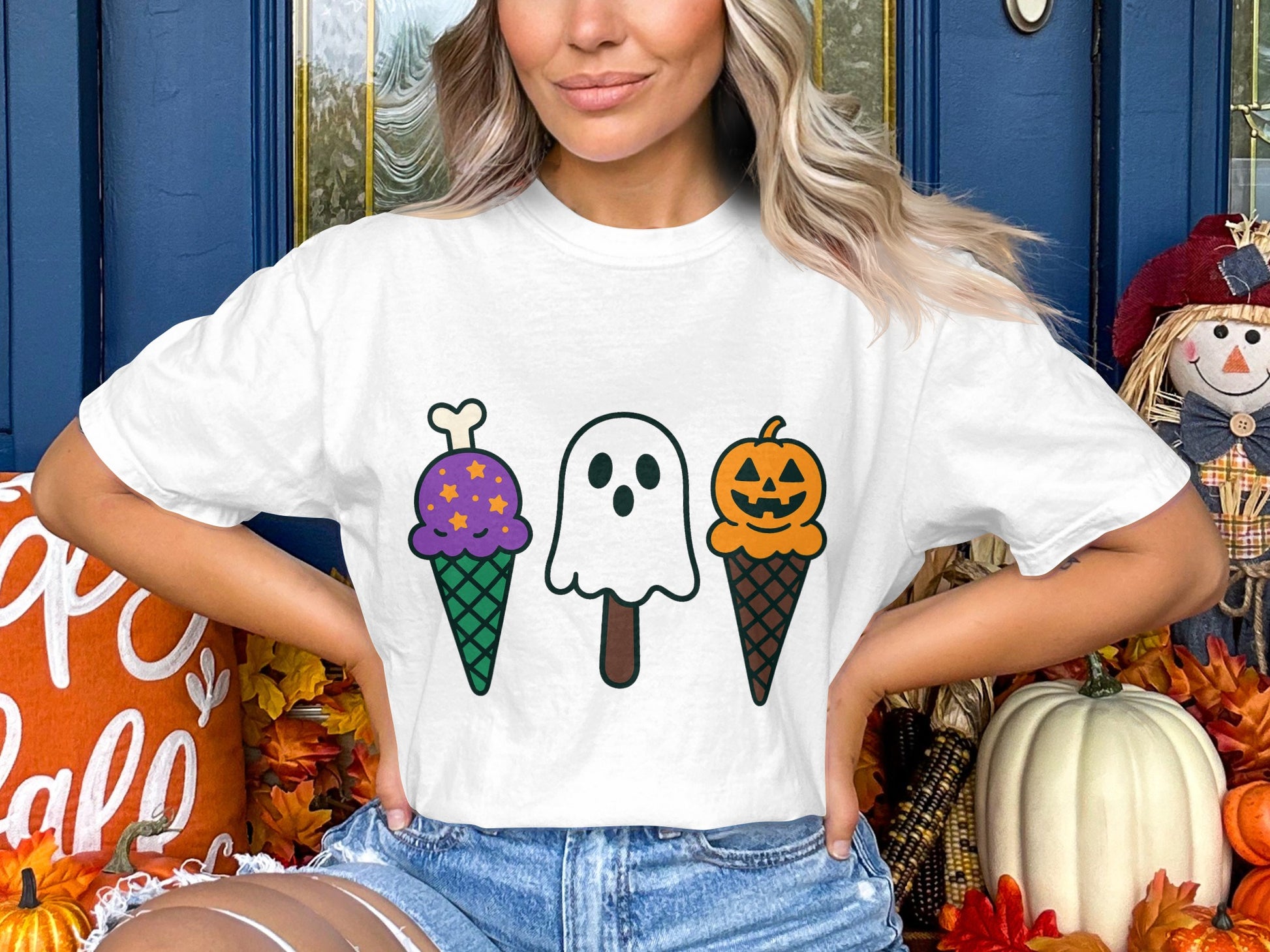 Halloween Ice Cream Cone Ghost and Pumpkin Cute Graphic T-Shirt, Festive Fall Apparel