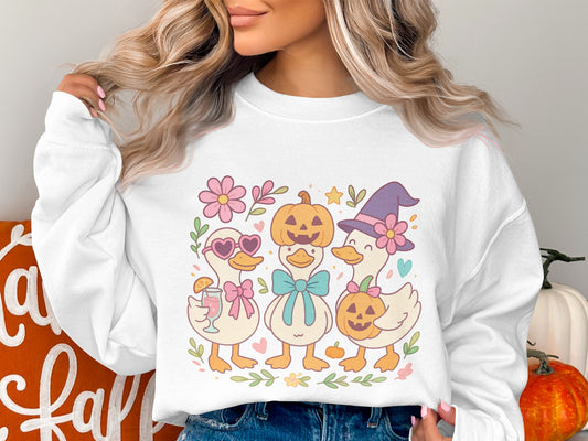 Women's Cute Cartoon Halloween Sweatshirt, Pumpkin and Ducks Graphic, Fall Fashion Pullover