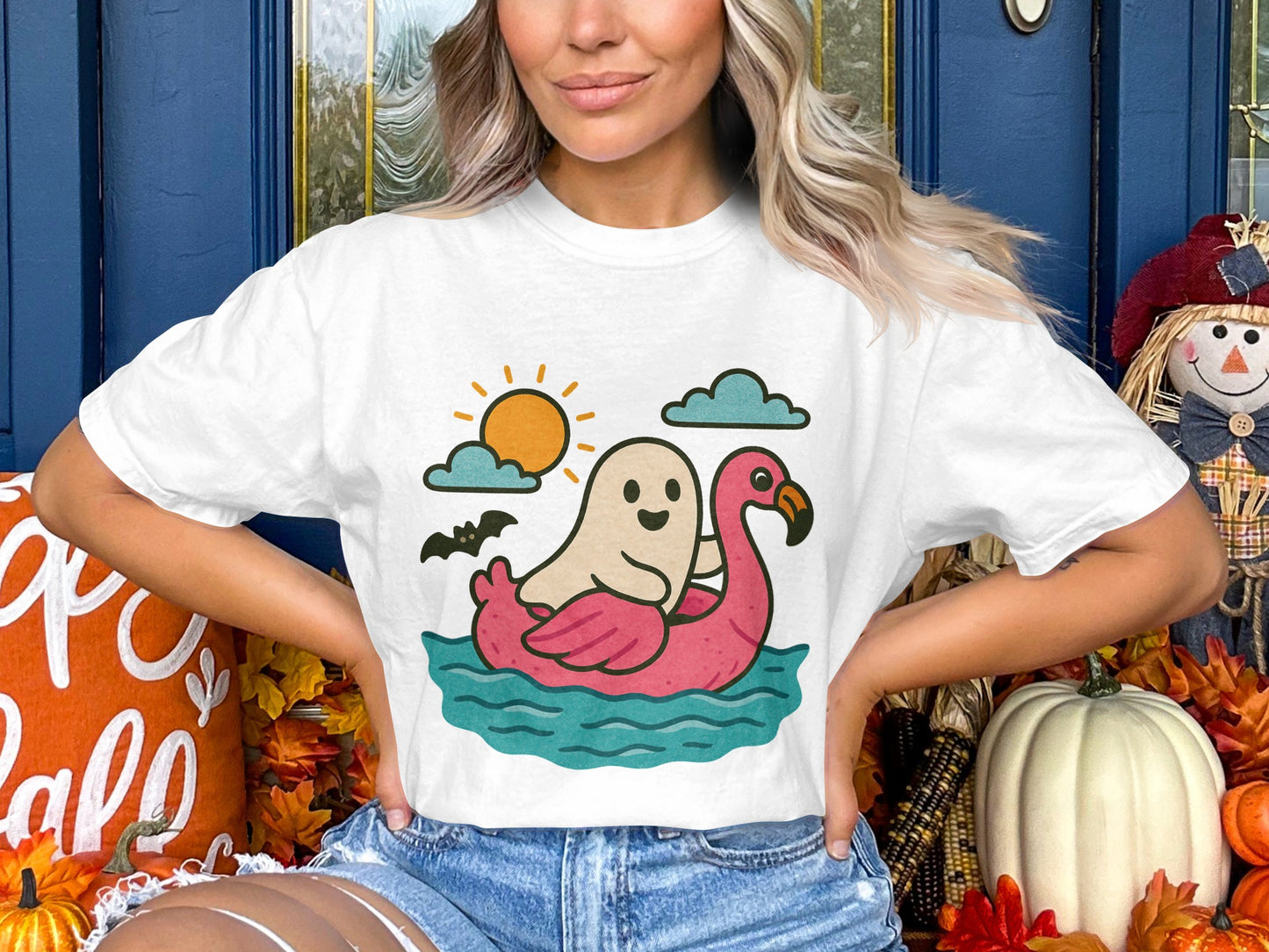 Cute Ghost Flamingo T-Shirt, Halloween Cartoon Art, Fun Fall Fashion, Women's Casual Tee