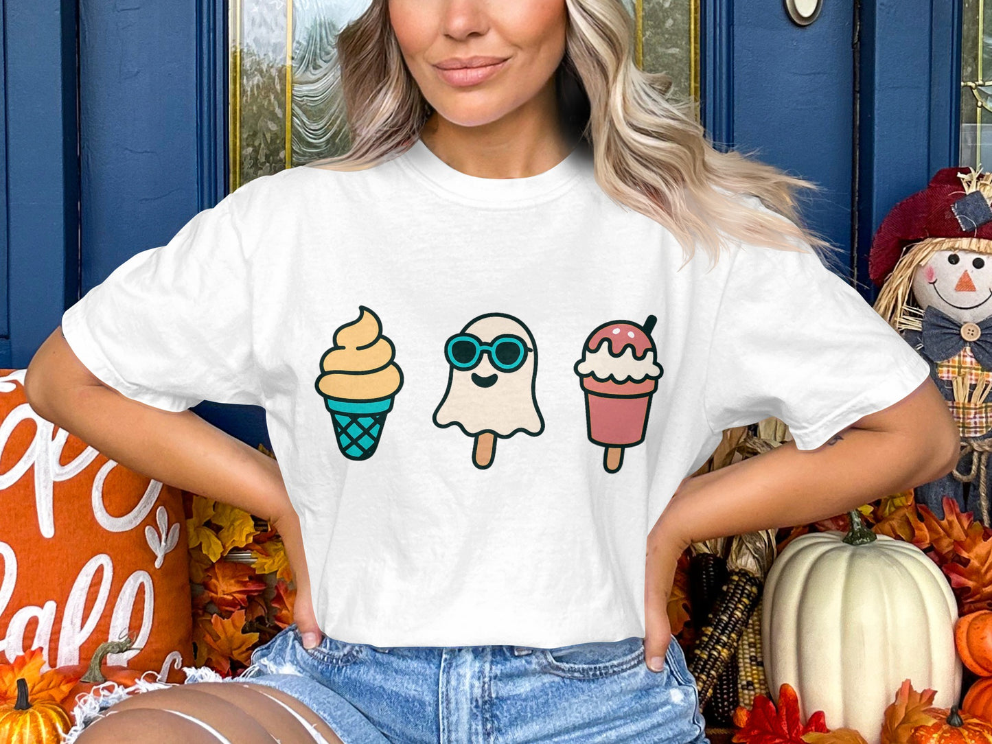 Cute Ice Cream and Popsicle Cartoon Graphic T-Shirt, Fun Summer Casual Tee for Women and Men, White Cotton Shirt