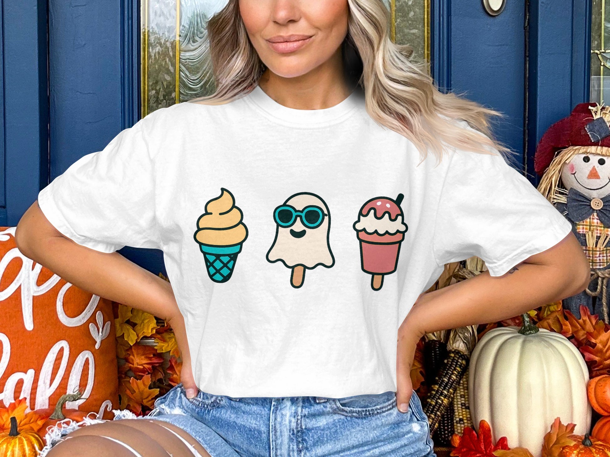Cute Ice Cream and Popsicle Cartoon Graphic T-Shirt, Fun Summer Casual Tee for Women and Men, White Cotton Shirt