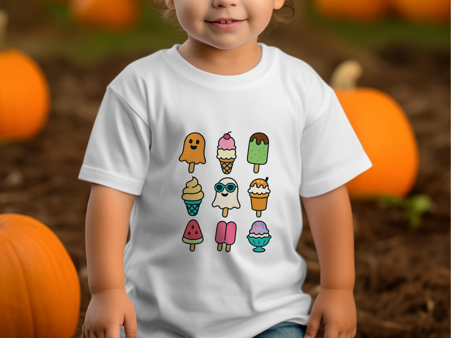 Cute Ghost Ice Cream Cone Halloween T-Shirt, Fun Fall Kids Apparel, Pumpkin Patch Outfit