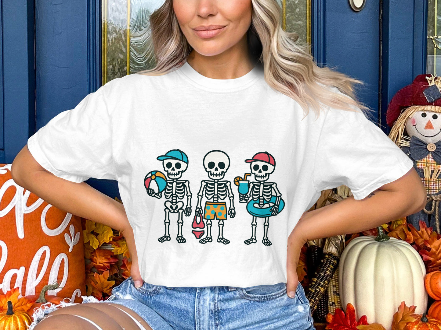 Women's Halloween Skeleton T-Shirt, Pirate Funny Graphic Tee, Autumn Holiday Casual Apparel