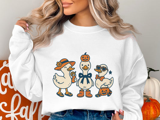 Cute Halloween Sweatshirt, Autumn Ducks Graphic, Pumpkin Duckling Crewneck, Women's Fall Fashion Top, Cozy Casual Apparel