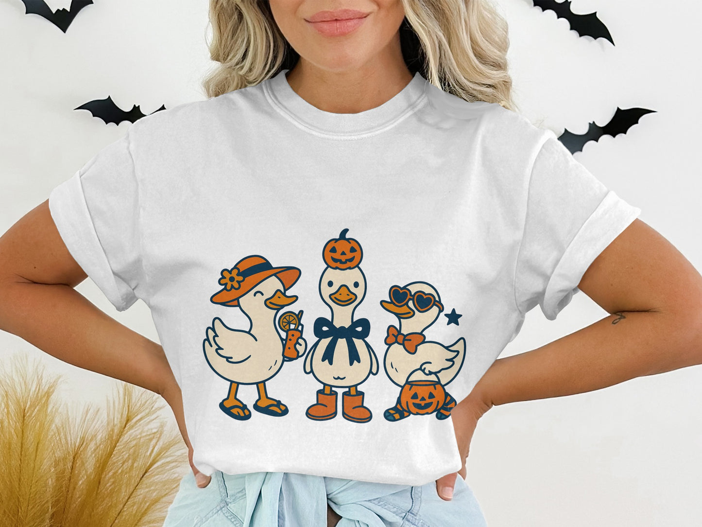 Halloween Duck T-Shirt, Cute Fall Ducks with Pumpkins, Women's Autumn Graphic Tee, Casual October Apparel