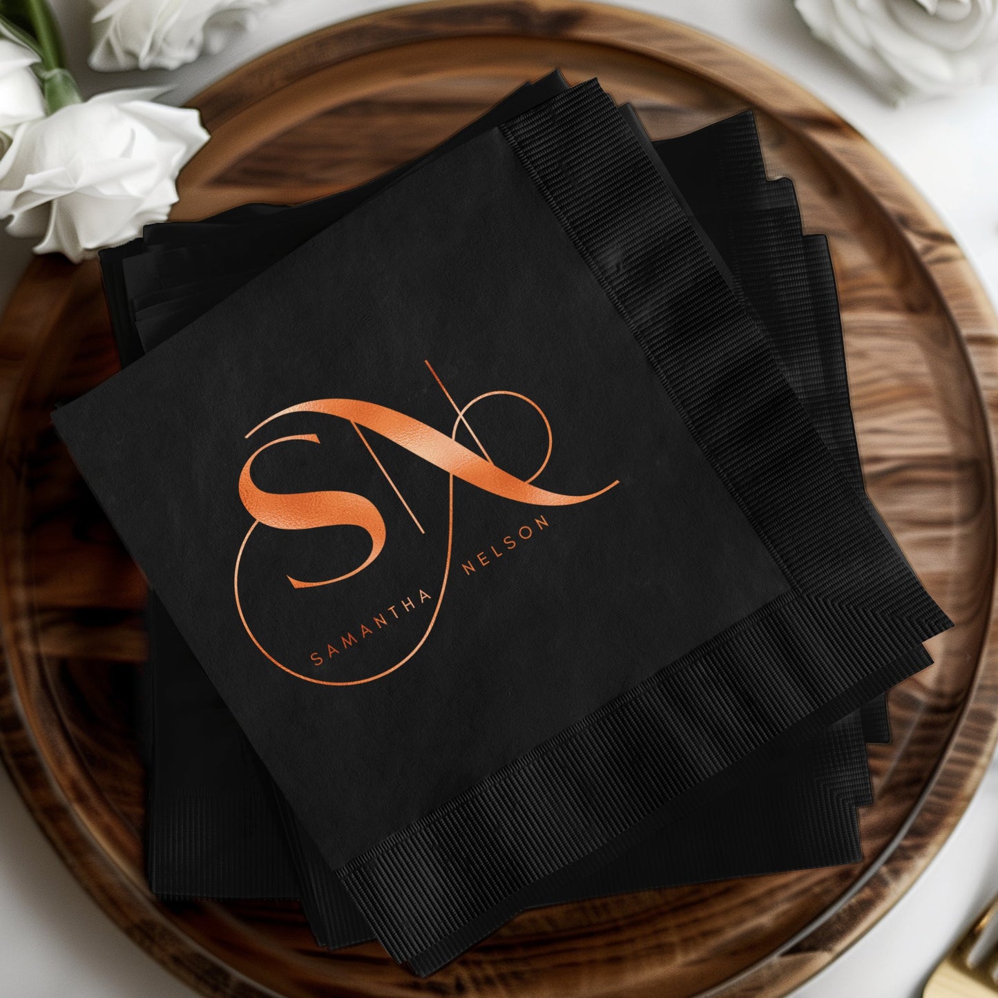 Elegant Customized Black Monogrammed Napkin Product
