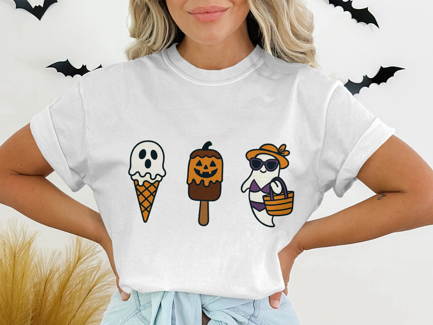 Halloween Themed T-Shirt, Cute Ghost and Pumpkin Ice Cream Cone Design, Unisex Casual Wear