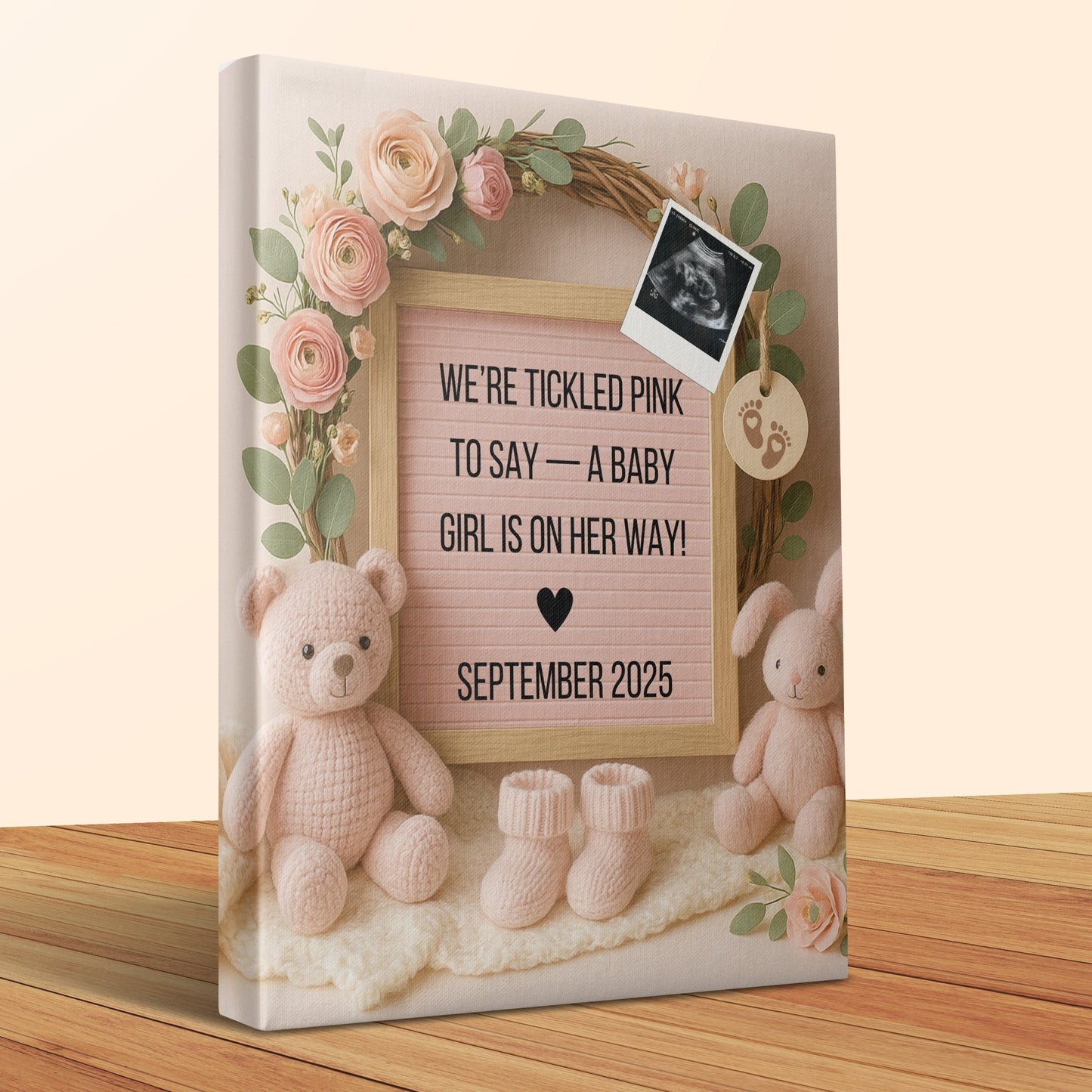 Baby Girl Nursery Decor, Customizable Pregnancy Announcement Canvas, Soft Pink Teddy Bear and Flowers, September 2025 Date Reveal