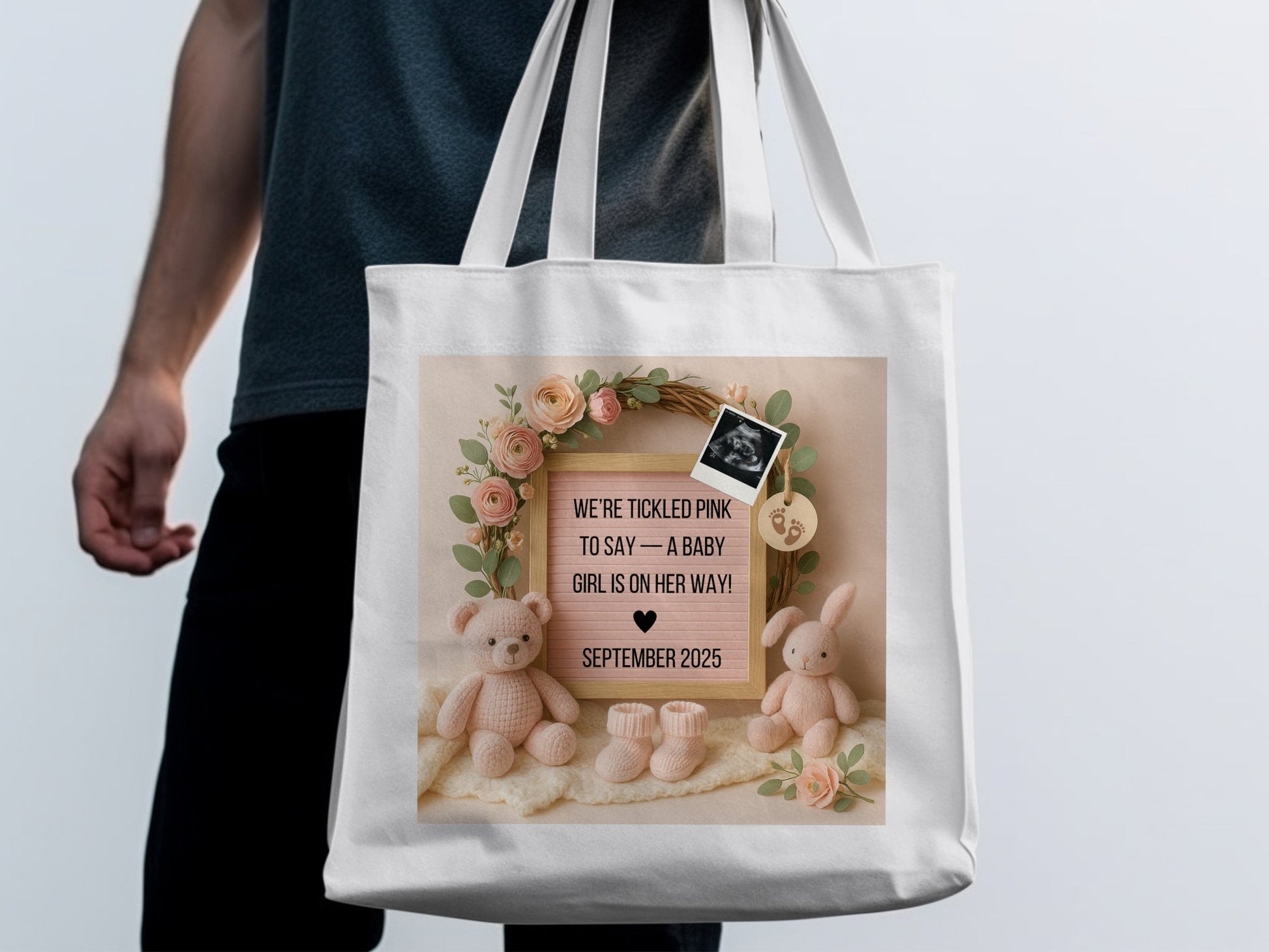 Baby Shower Reveal Tote Bag, Canvas Floral Bear Design, Custom Date Pink Announcement Bag