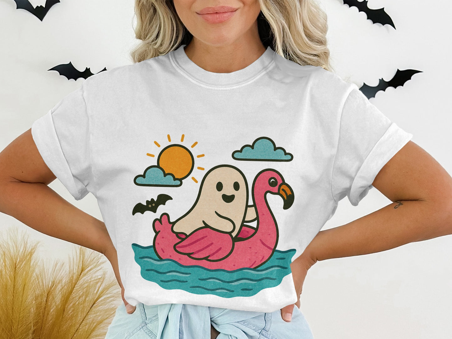 Women's Cute Ghost and Flamingo Graphic T-Shirt, Sun and Waves Design, Trendy Casual Summer Top
