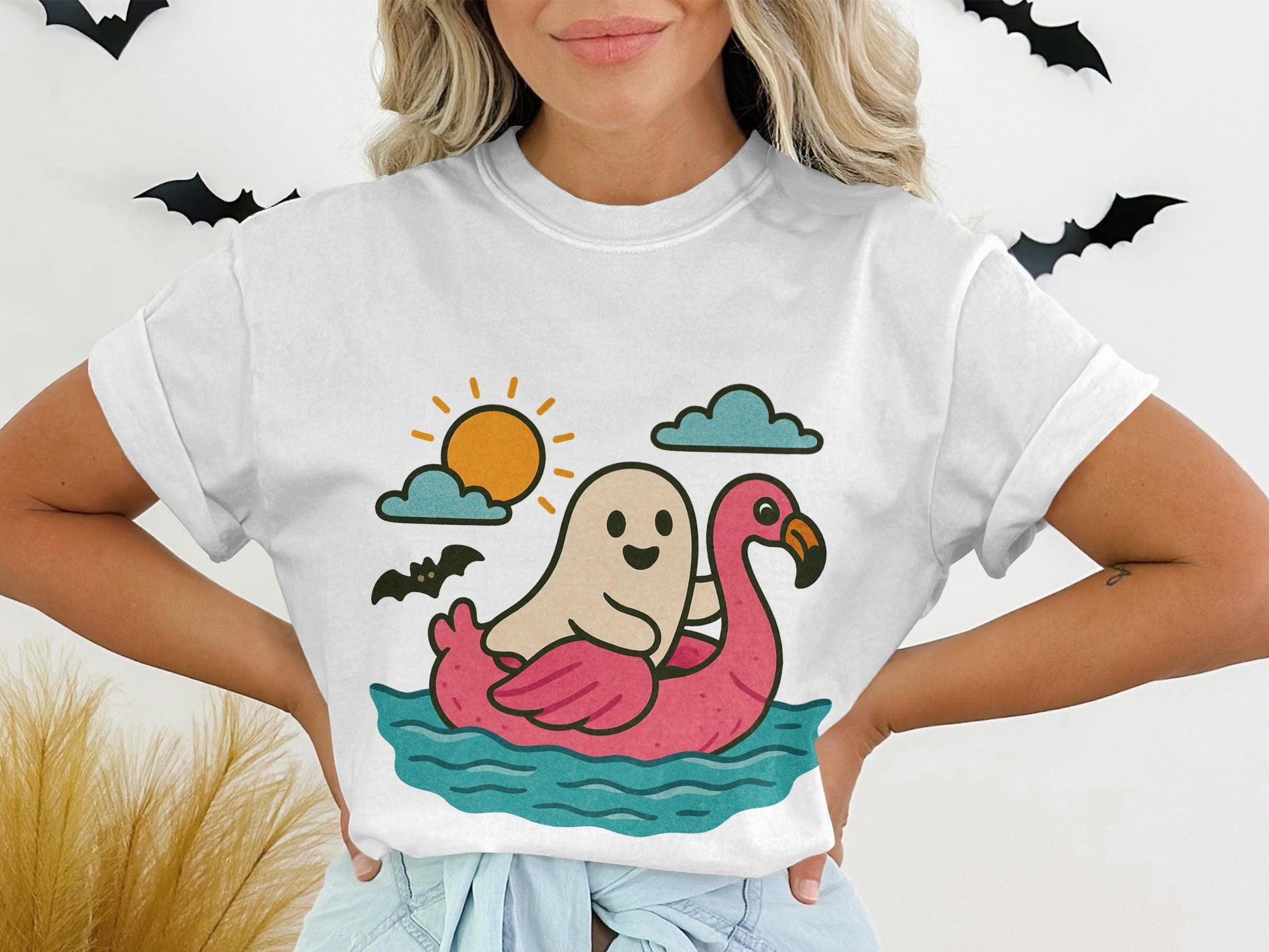 Women's Cute Ghost and Flamingo Graphic T-Shirt, Sun and Waves Design, Trendy Casual Summer Top