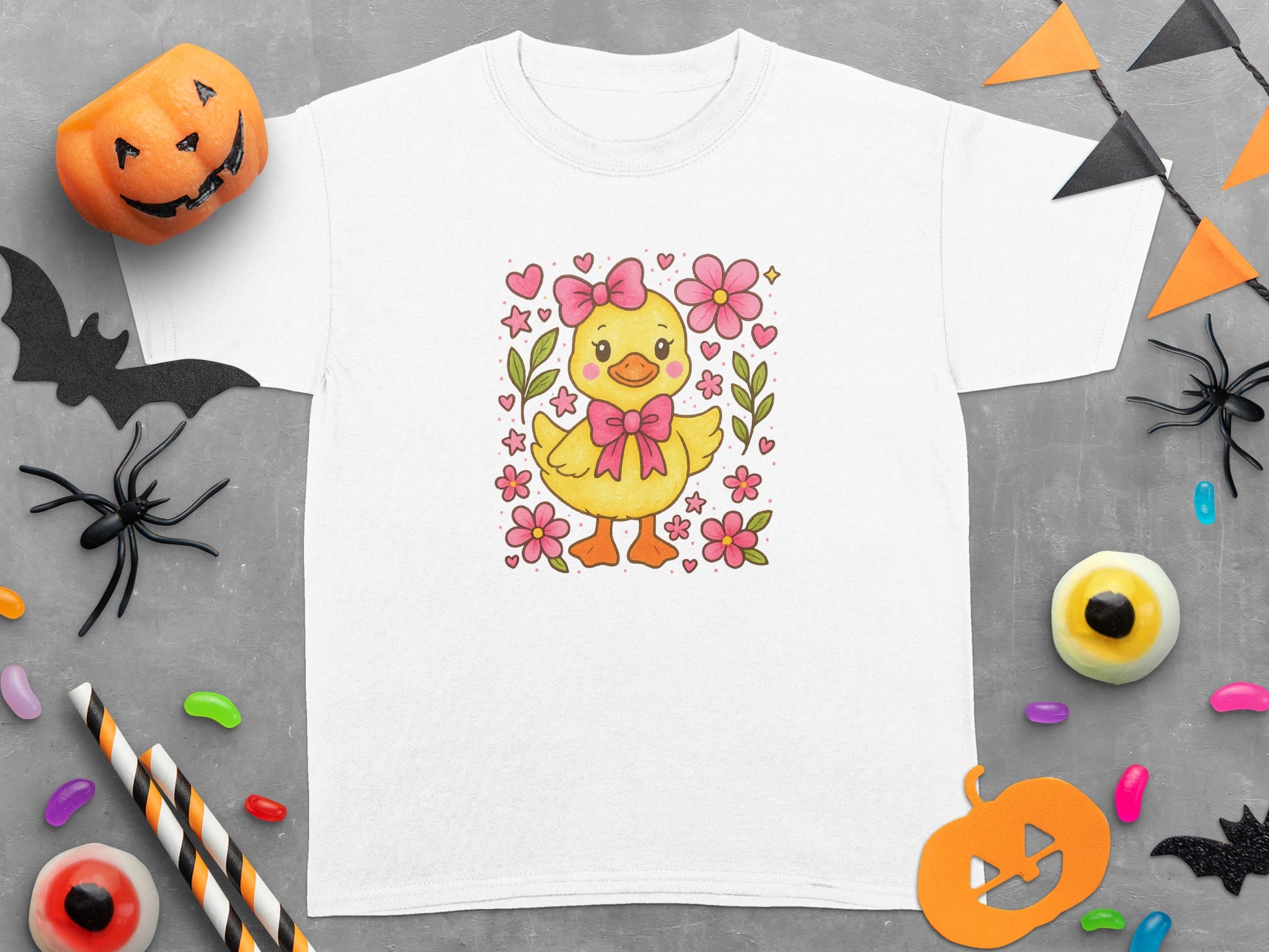 Cute Duckling Halloween T-Shirt, Spooky Fun Costume Tee, Floral Chick Design, Kids and Adults Sizes Available