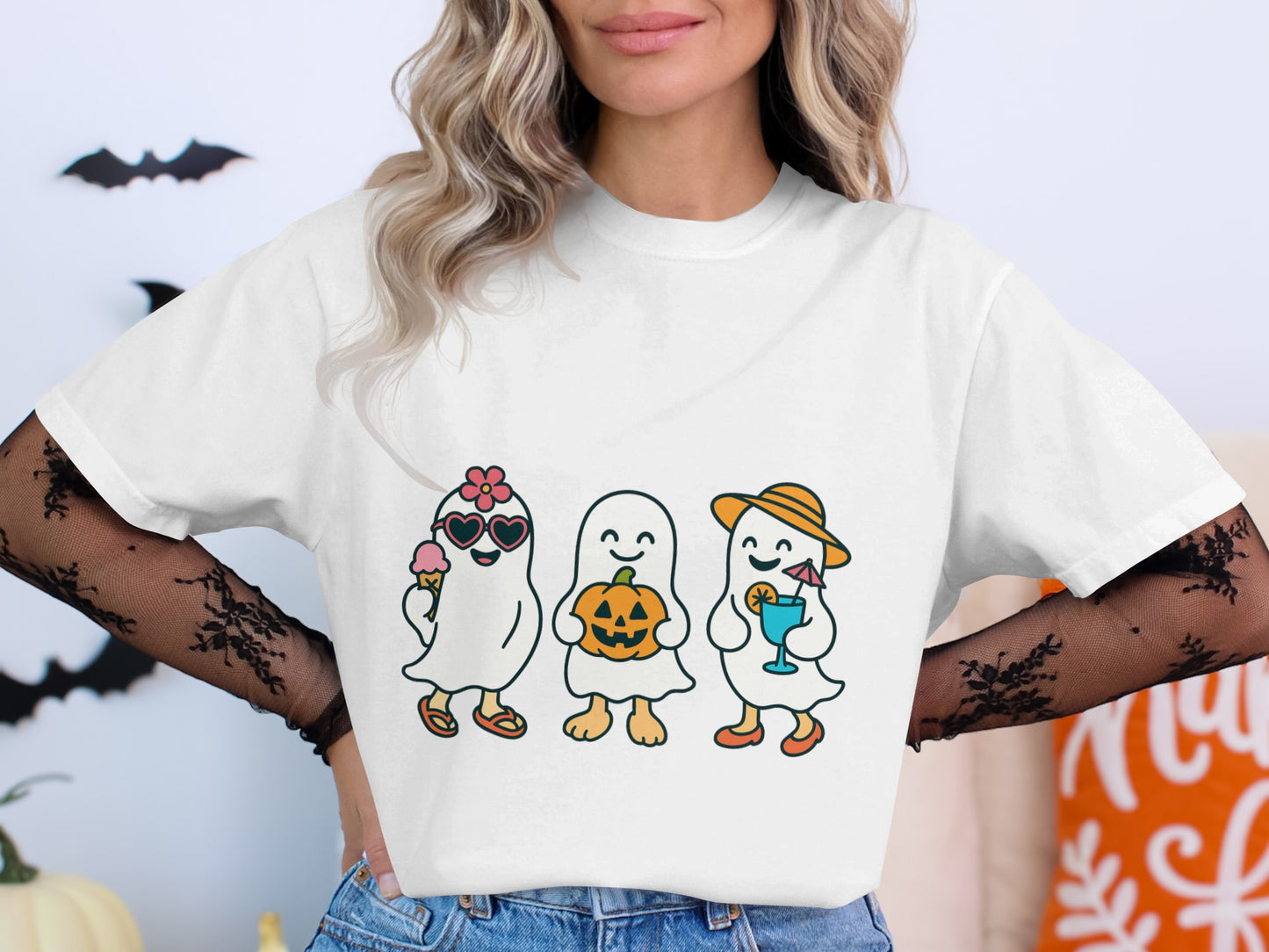 Halloween Ghost Penguin T-Shirt, Cute Spooky Cartoon Penguins, Women's Graphic Tee, Fall Celebration Apparel