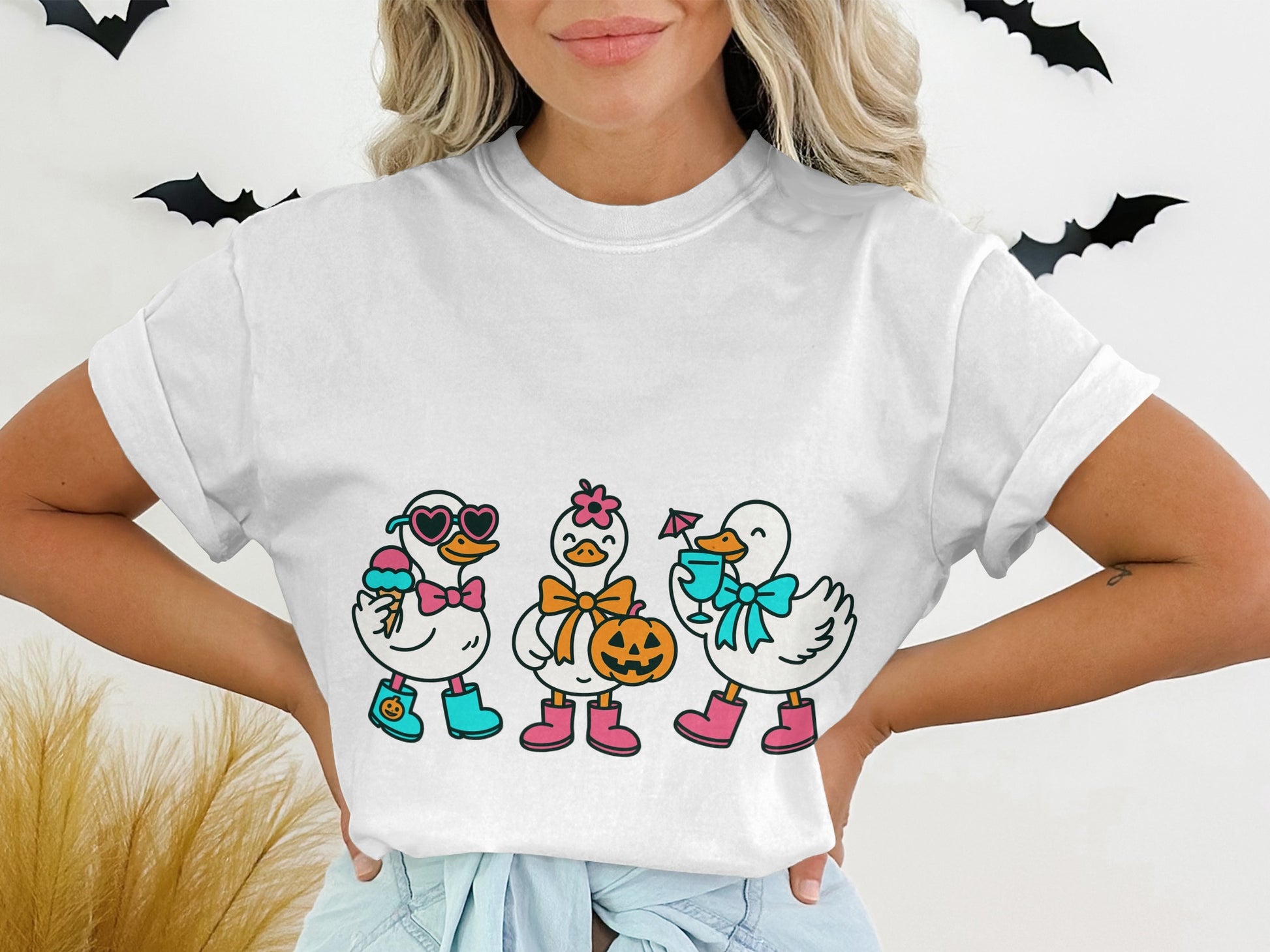 Cute Ducks in Halloween Costumes T-Shirt, Funny Autumn Holiday Tee, Unisex Graphic Shirt for Parties