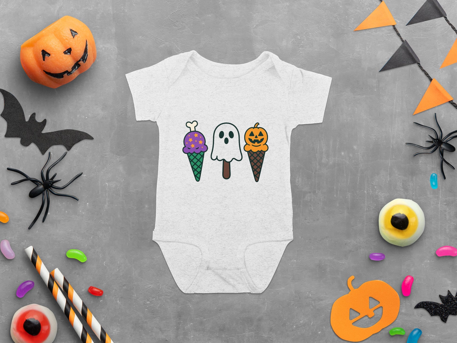 Halloween Baby Bodysuit, Cute Ghost Pumpkin Ice Cream Onesie, Infants' Autumn Trick or Treat Outfit, Spooky Season Apparel