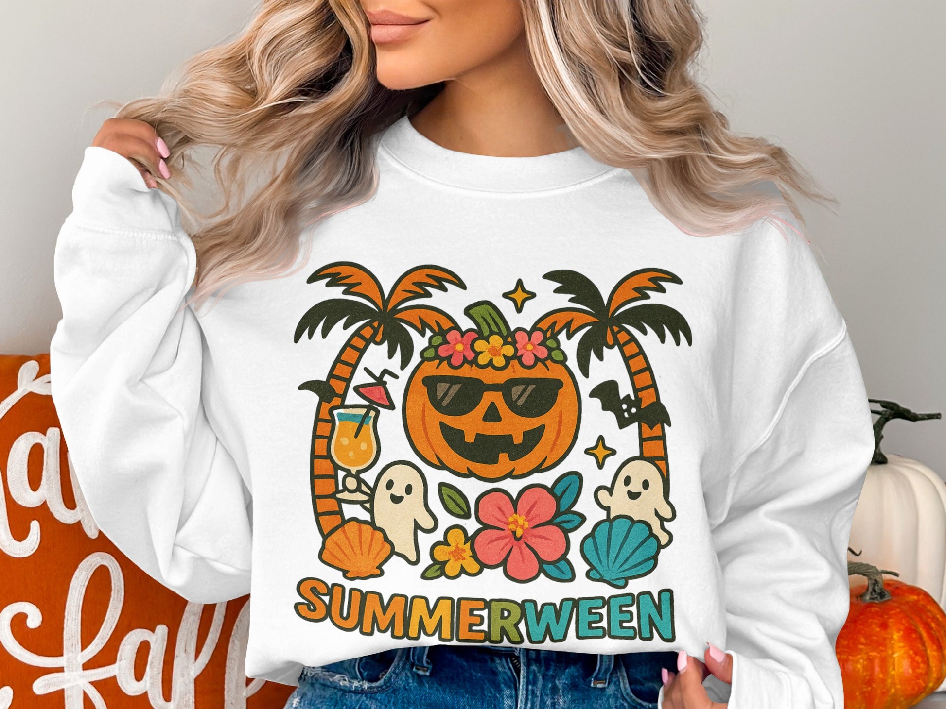Summerween Tropical Halloween Pumpkin Graphic Sweatshirt, Cute Fall Fashion Tops
