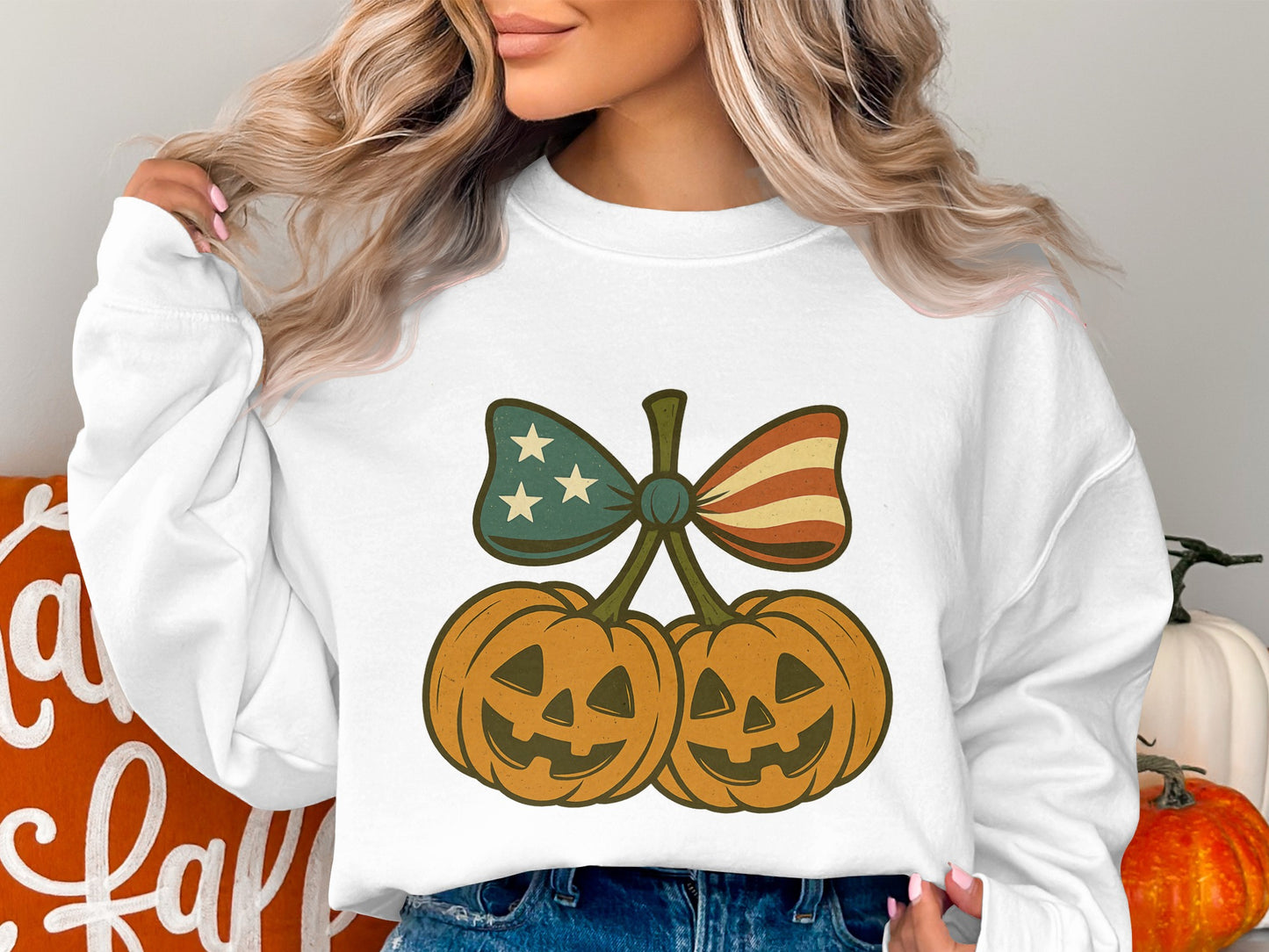 American Flag Pumpkin Sweatshirt, Patriotic Halloween Apparel, Autumn Fall Festive Clothing