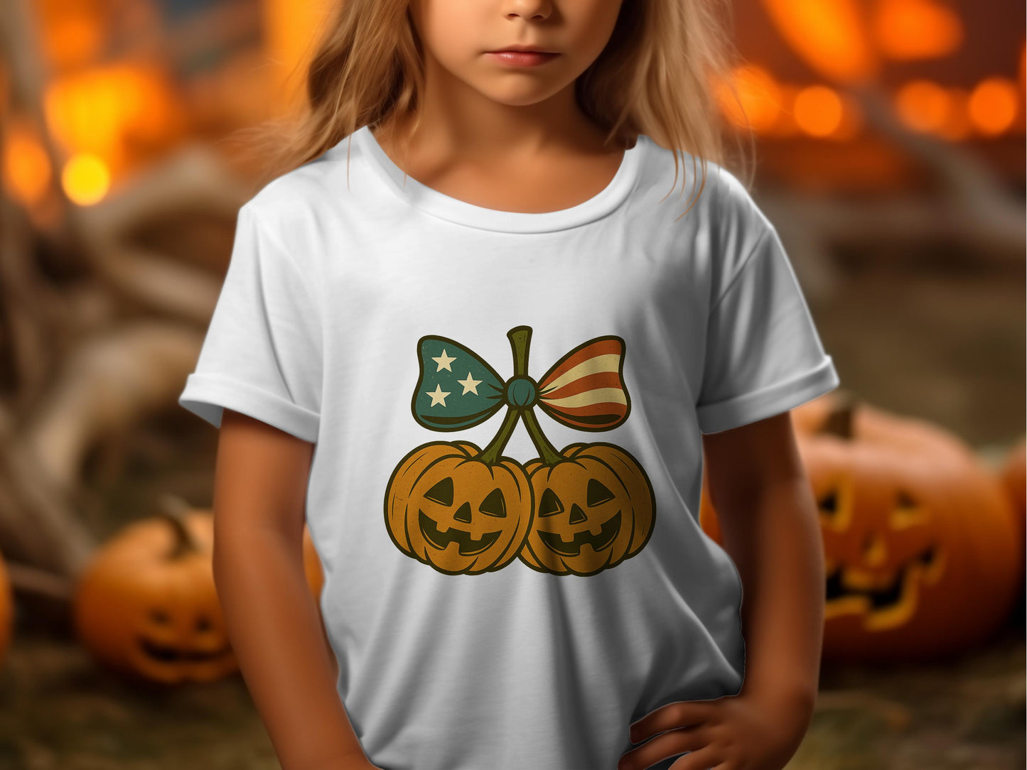 Patriotic Pumpkin T-Shirt, American Flag Design, Halloween Kids' Tee, Autumn Festival Apparel, Unique October Clothing