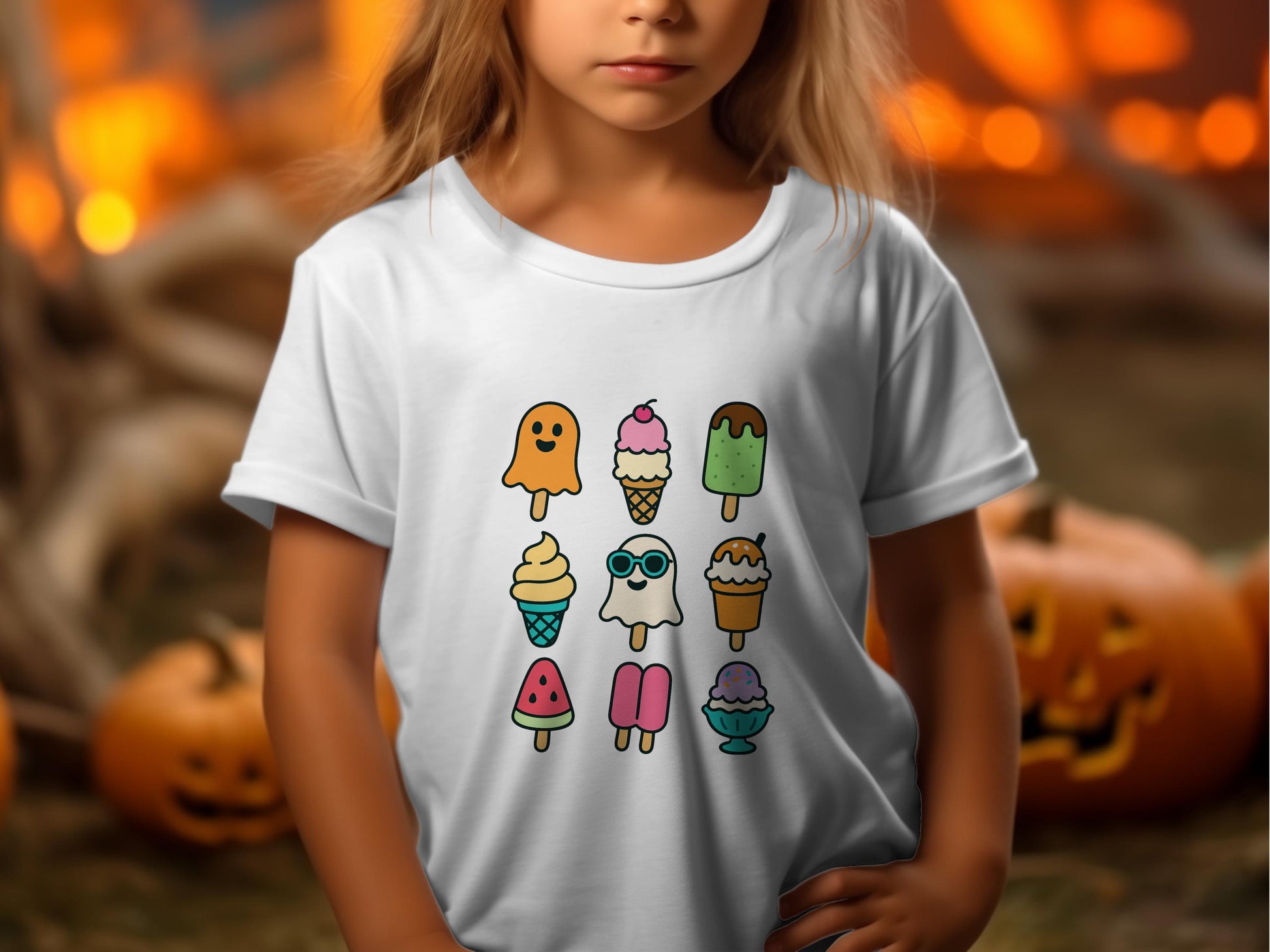 Cute Ice Cream Ghosts Halloween T-Shirt, Kids Spooky Fun Tee, Festive Fall Apparel, Pumpkin Background