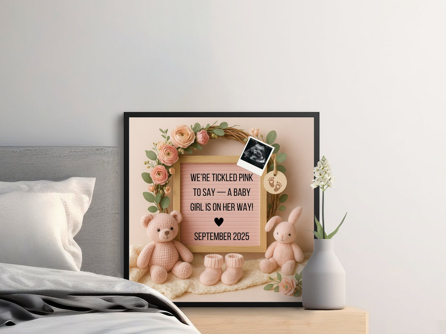 Baby Girl Nursery Wall Art, Pink Floral Frame with Teddy Bear and Rabbit Decor, Customizable Baby Shower Gift