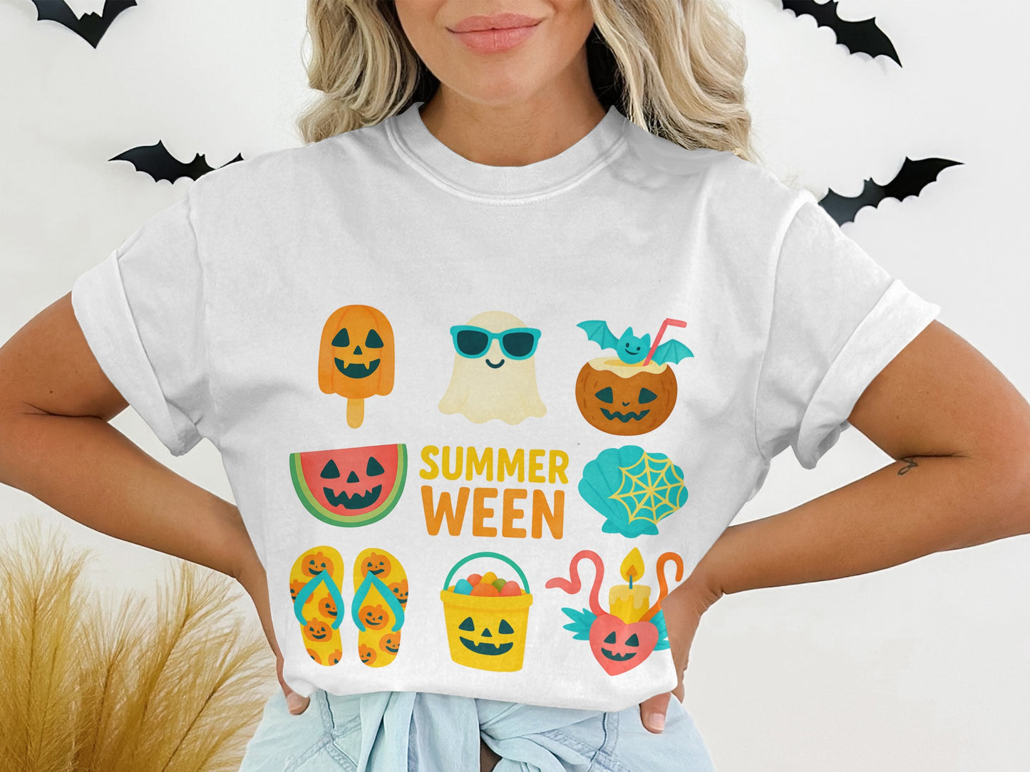 Summerween Themed T-Shirt, Cute Halloween Pumpkin Graphic Tee, Unisex Adult Clothing