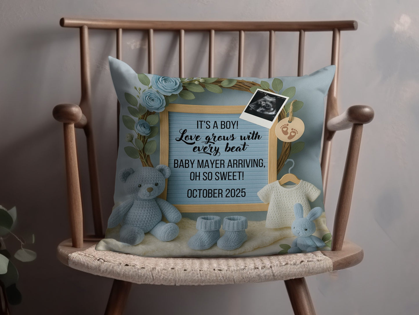 Baby Boy Announcement Cushion Cover, Blue Nursery Decorative Pillow, Personalized Baby Shower Gift, October 2025